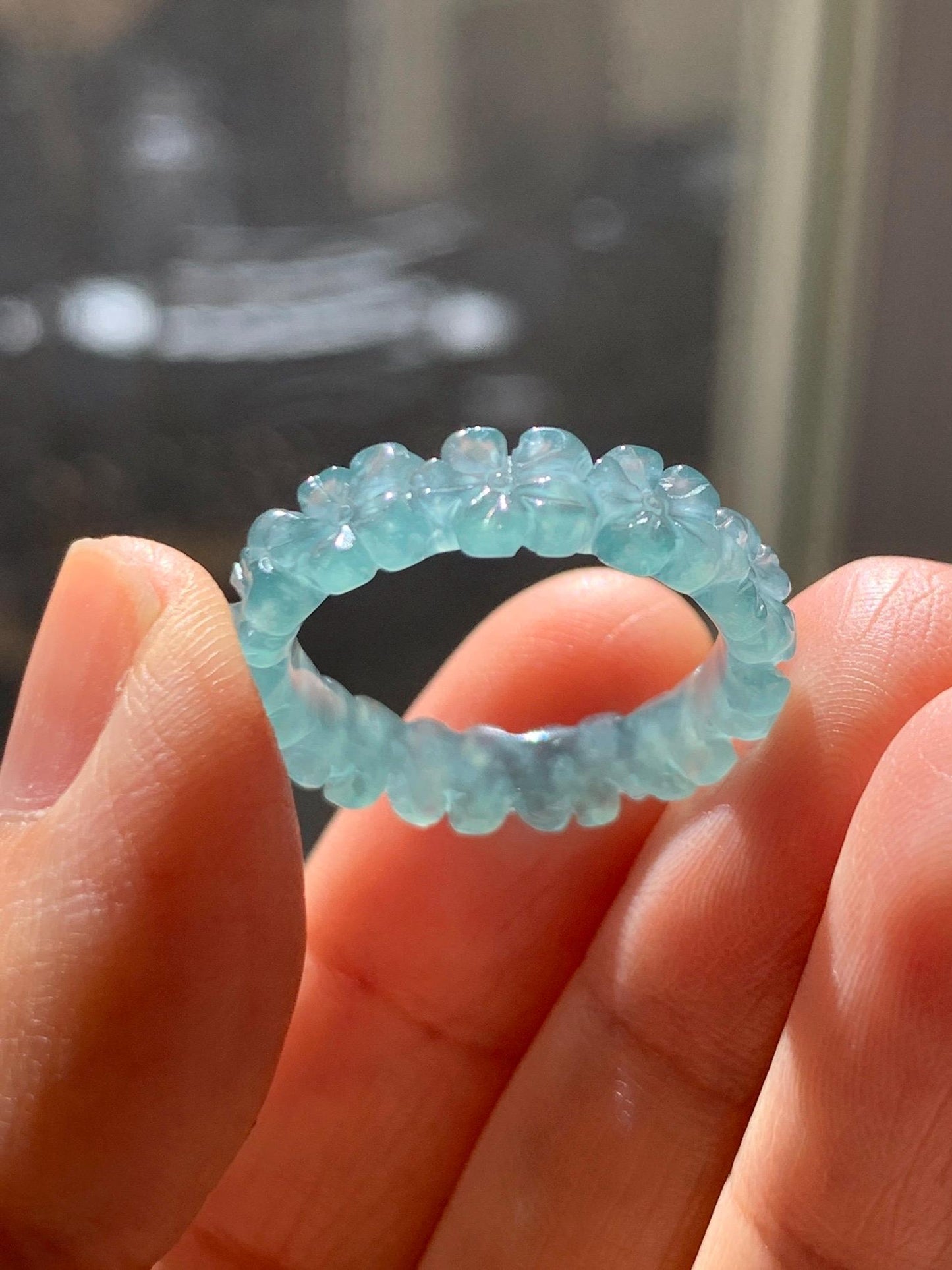 Certified Grade A Natural Guatemalan Icy Translucent Teal Blue Jade Jadeite Carved Cherry Blossom Band Ring Size 8 US 天然冰胶起光危蓝翡翠梅花戒圈 WMJ330B