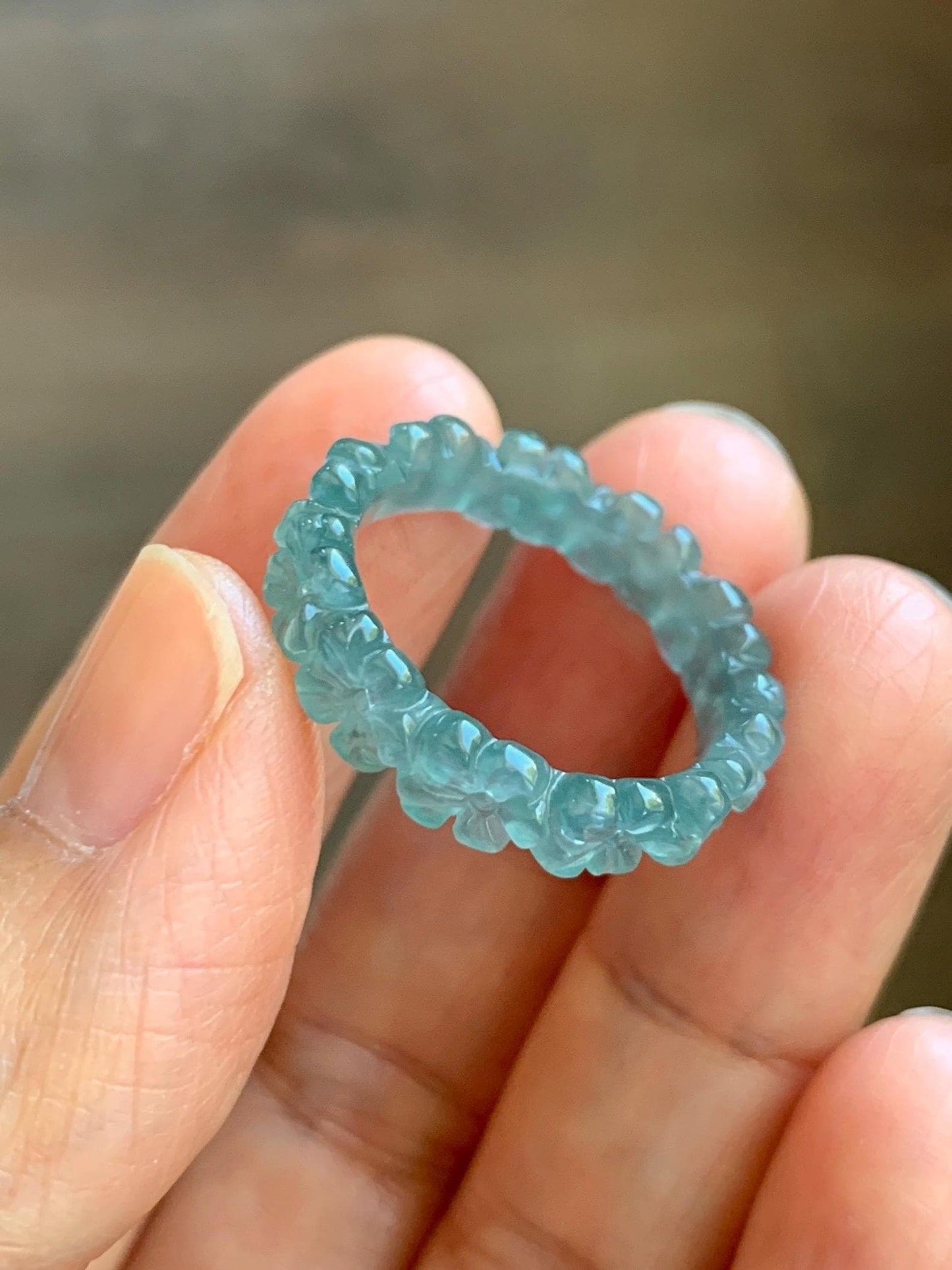 Certified Grade A Natural Guatemalan Icy Translucent Teal Blue Jade Jadeite Carved Cherry Blossom Band Ring Size 8 US 天然冰胶起光危蓝翡翠梅花戒圈 WMJ330B