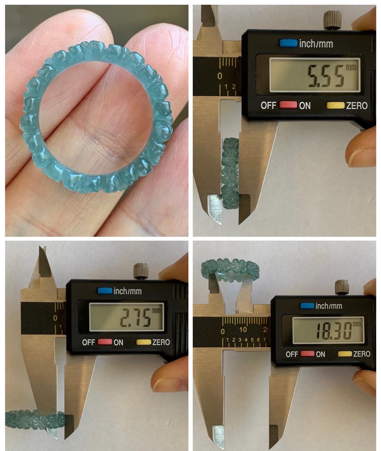 Certified Grade A Natural Guatemalan Icy Translucent Teal Blue Jade Jadeite Carved Cherry Blossom Band Ring Size 8 US 天然冰胶起光危蓝翡翠梅花戒圈 WMJ330B