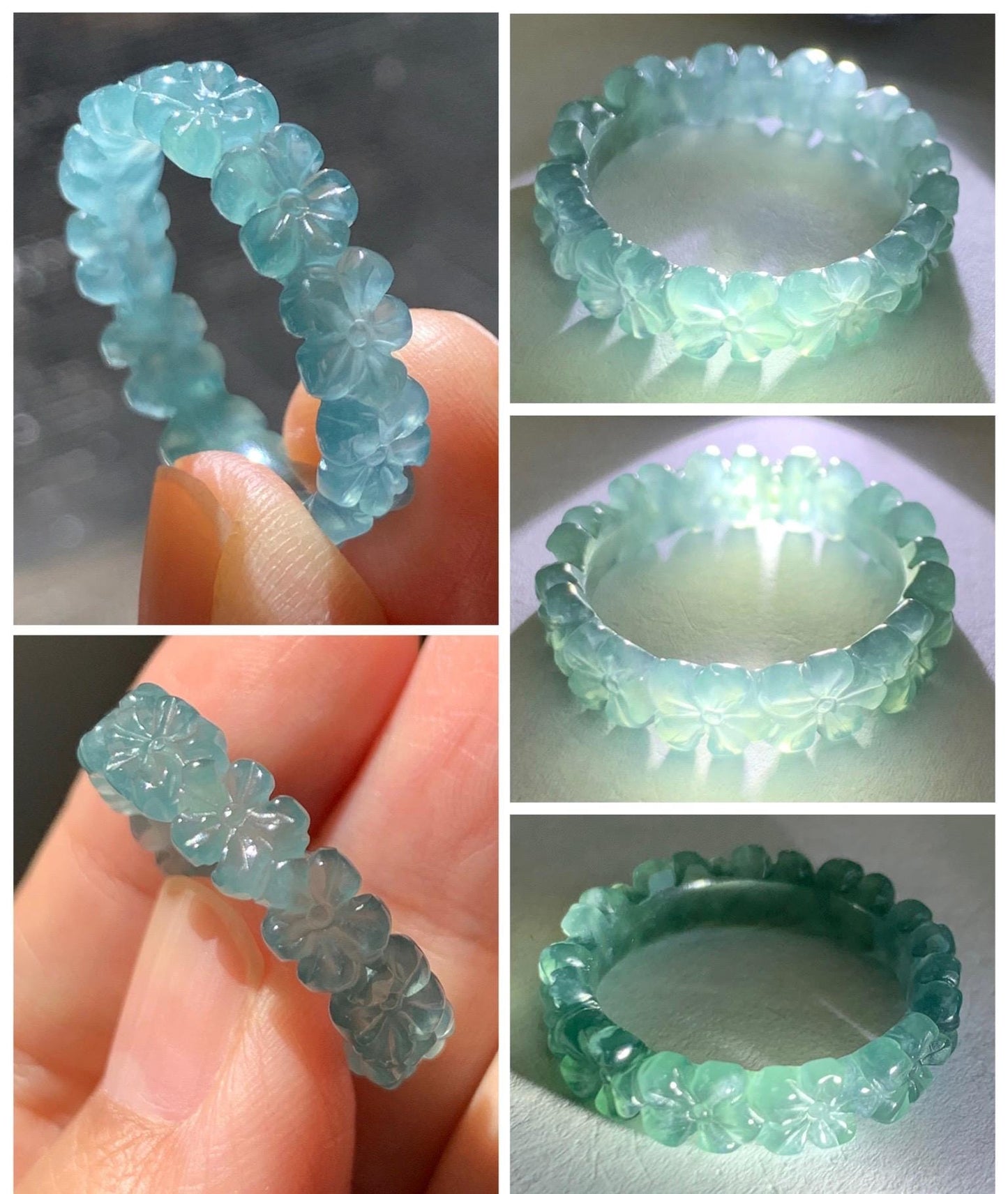 Certified Grade A Natural Guatemalan Icy Translucent Teal Blue Jade Jadeite Carved Cherry Blossom Band Ring Size 8 US 天然冰胶起光危蓝翡翠梅花戒圈 WMJ330B