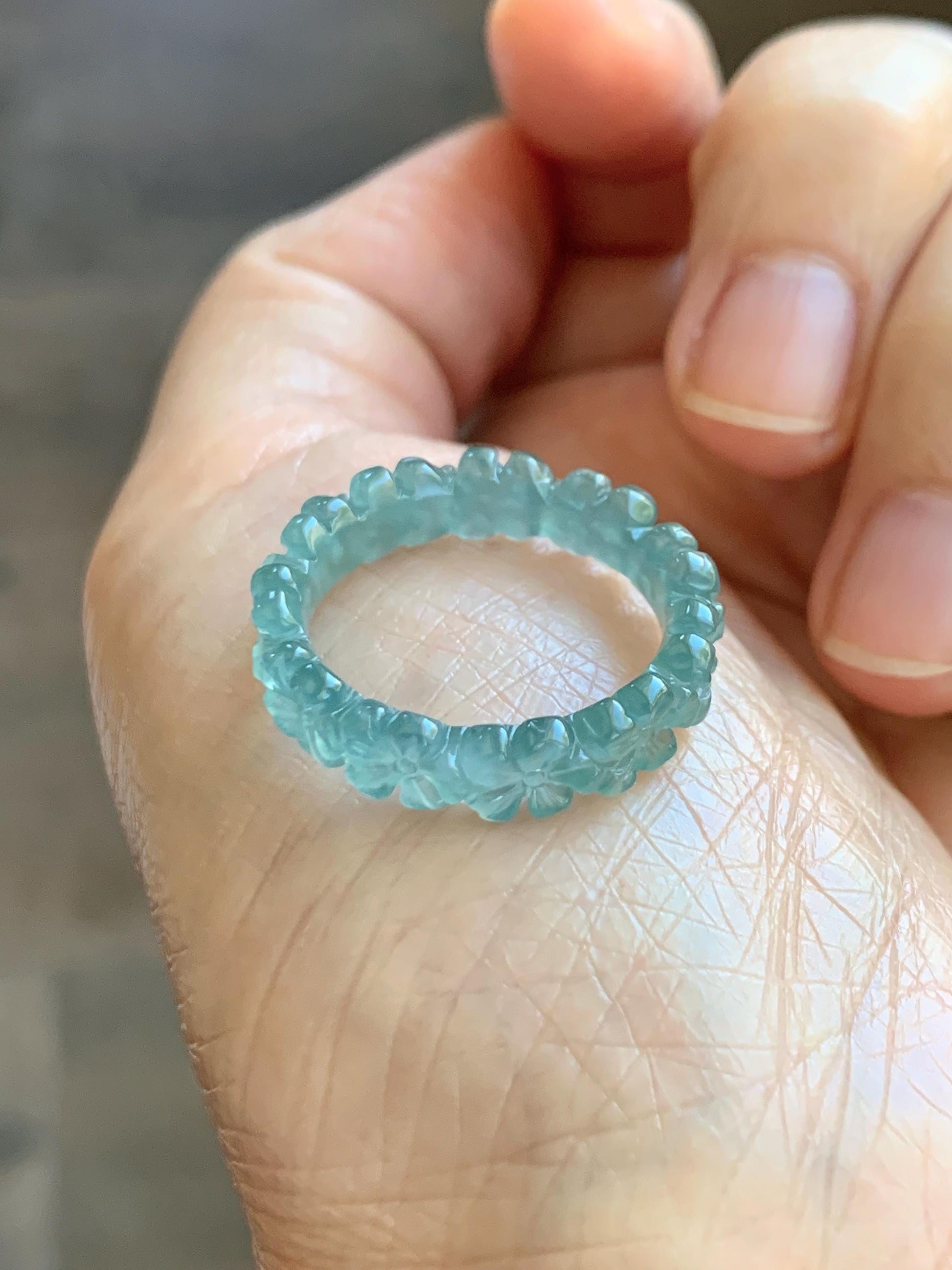Certified Grade A Natural Guatemalan Icy Translucent Teal Blue Jade Jadeite Carved Cherry Blossom Band Ring Size 8 US 天然冰胶起光危蓝翡翠梅花戒圈 WMJ330B