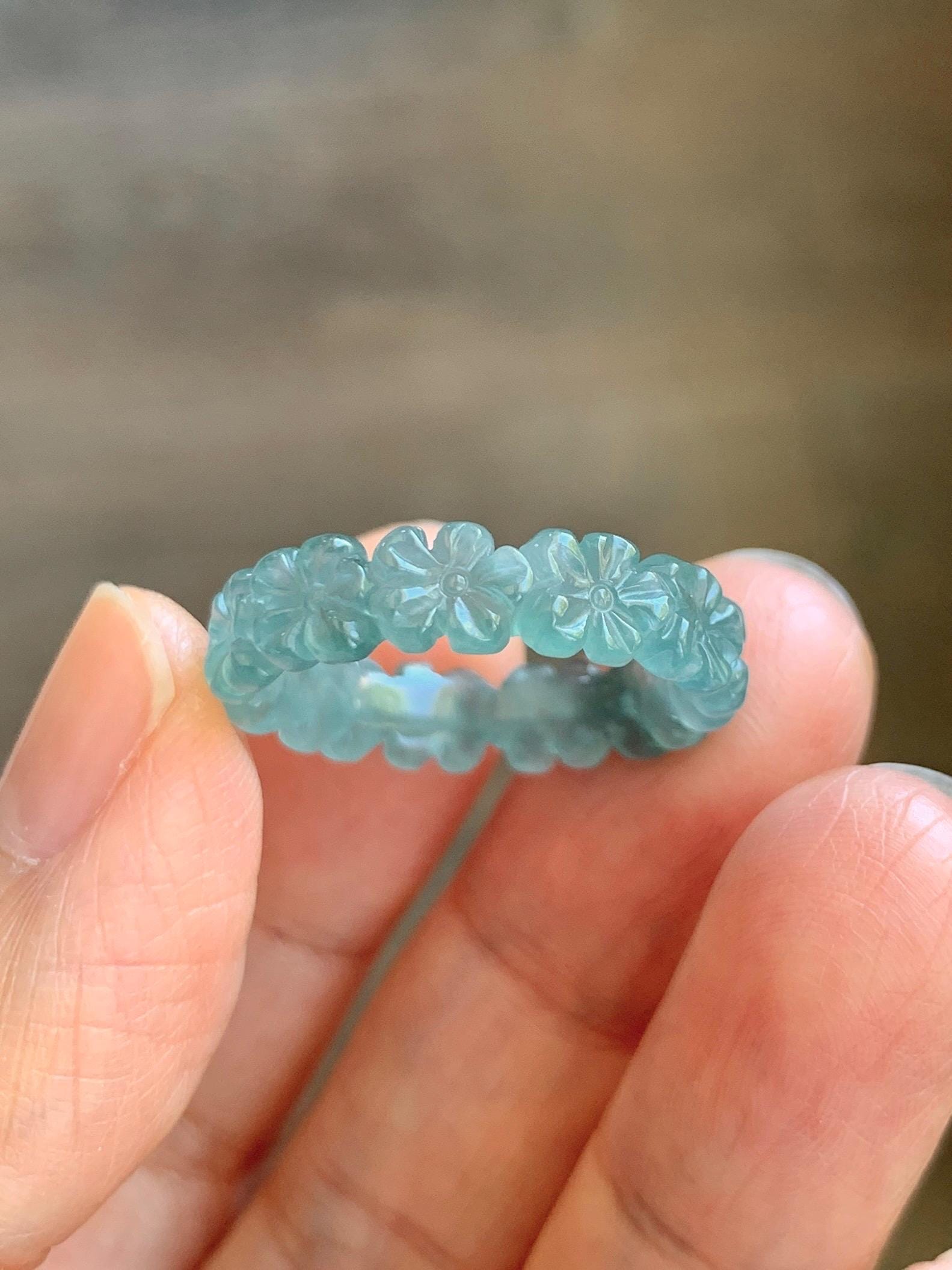 Certified Grade A Natural Guatemalan Icy Translucent Teal Blue Jade Jadeite Carved Cherry Blossom Band Ring Size 8 US 天然冰胶起光危蓝翡翠梅花戒圈 WMJ330B