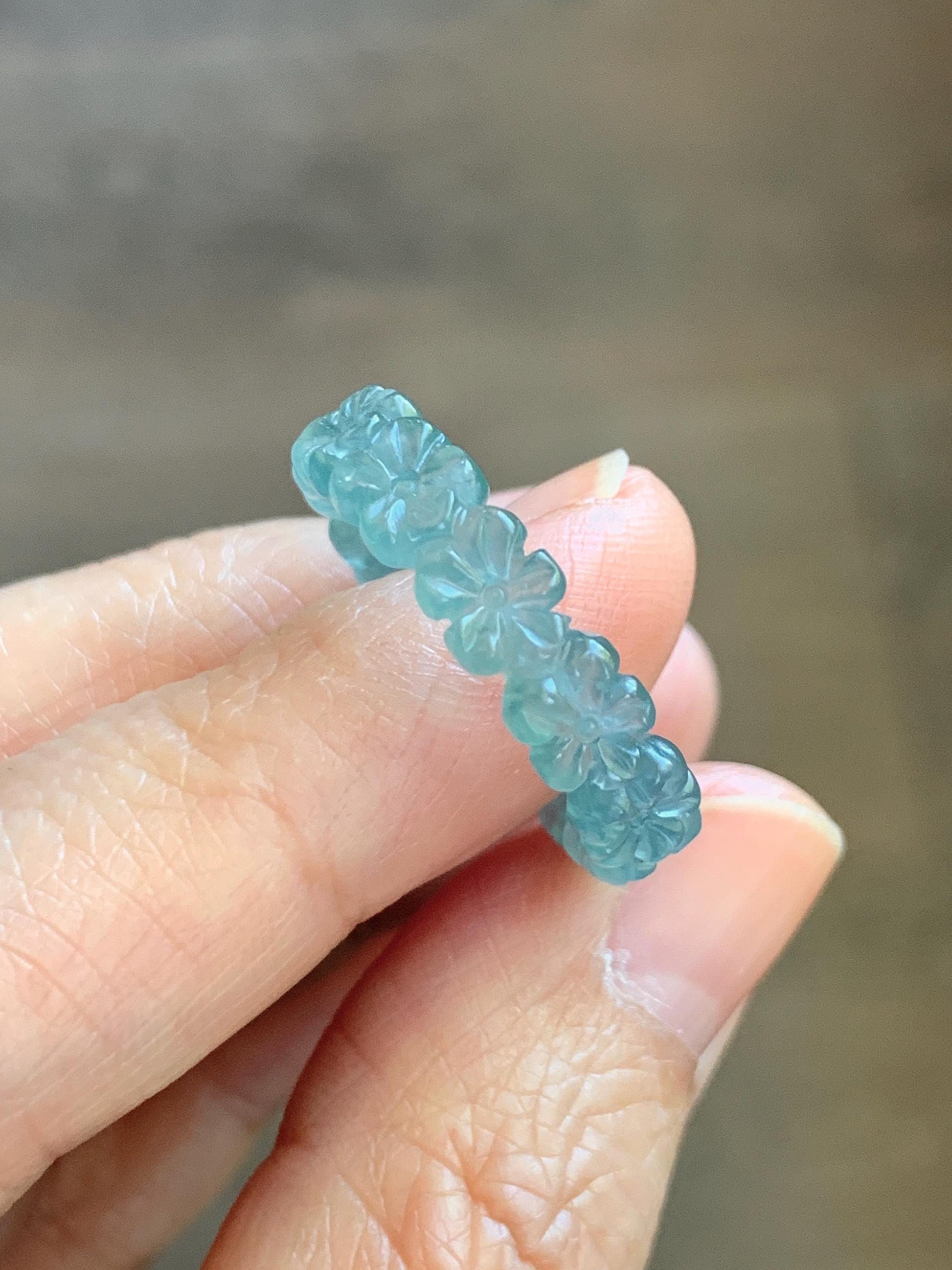 Certified Grade A Natural Guatemalan Icy Translucent Teal Blue Jade Jadeite Carved Cherry Blossom Band Ring Size 8 US 天然冰胶起光危蓝翡翠梅花戒圈 WMJ330B