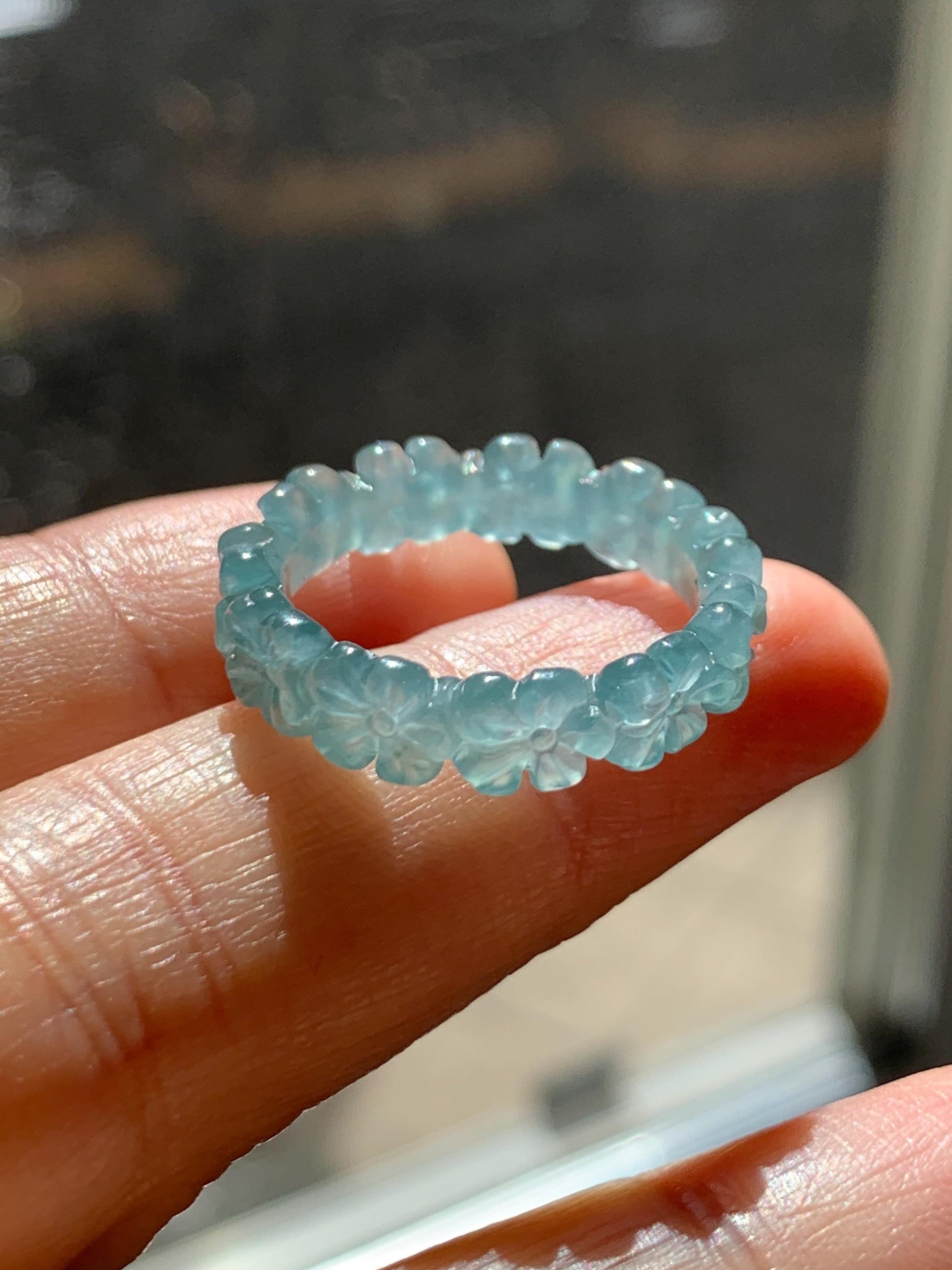 Certified Grade A Natural Guatemalan Icy Translucent Teal Blue Jade Jadeite Carved Cherry Blossom Band Ring Size 8 US 天然冰胶起光危蓝翡翠梅花戒圈 WMJ330B