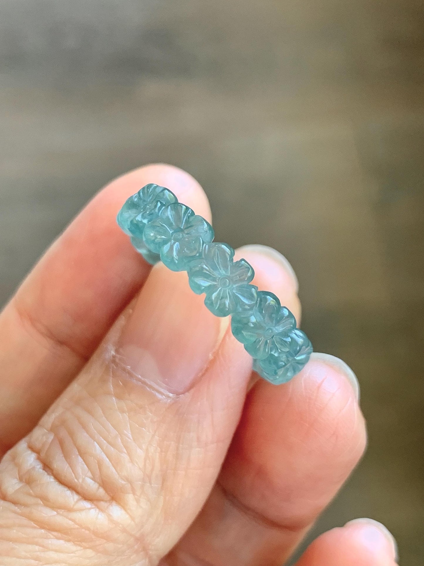Certified Grade A Natural Guatemalan Icy Translucent Teal Blue Jade Jadeite Carved Cherry Blossom Band Ring Size 8 US 天然冰胶起光危蓝翡翠梅花戒圈 WMJ330B