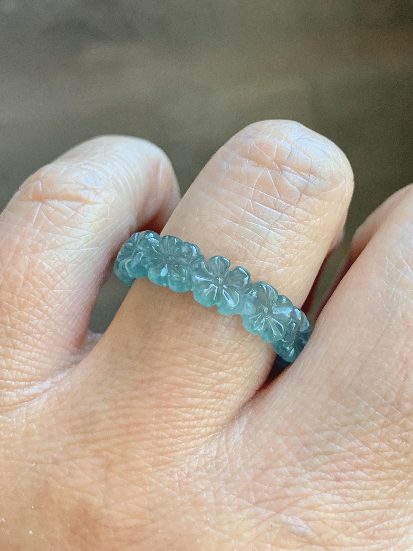 Certified Grade A Natural Guatemalan Icy Translucent Teal Blue Jade Jadeite Carved Cherry Blossom Band Ring Size 8 US 天然冰胶起光危蓝翡翠梅花戒圈 WMJ330B