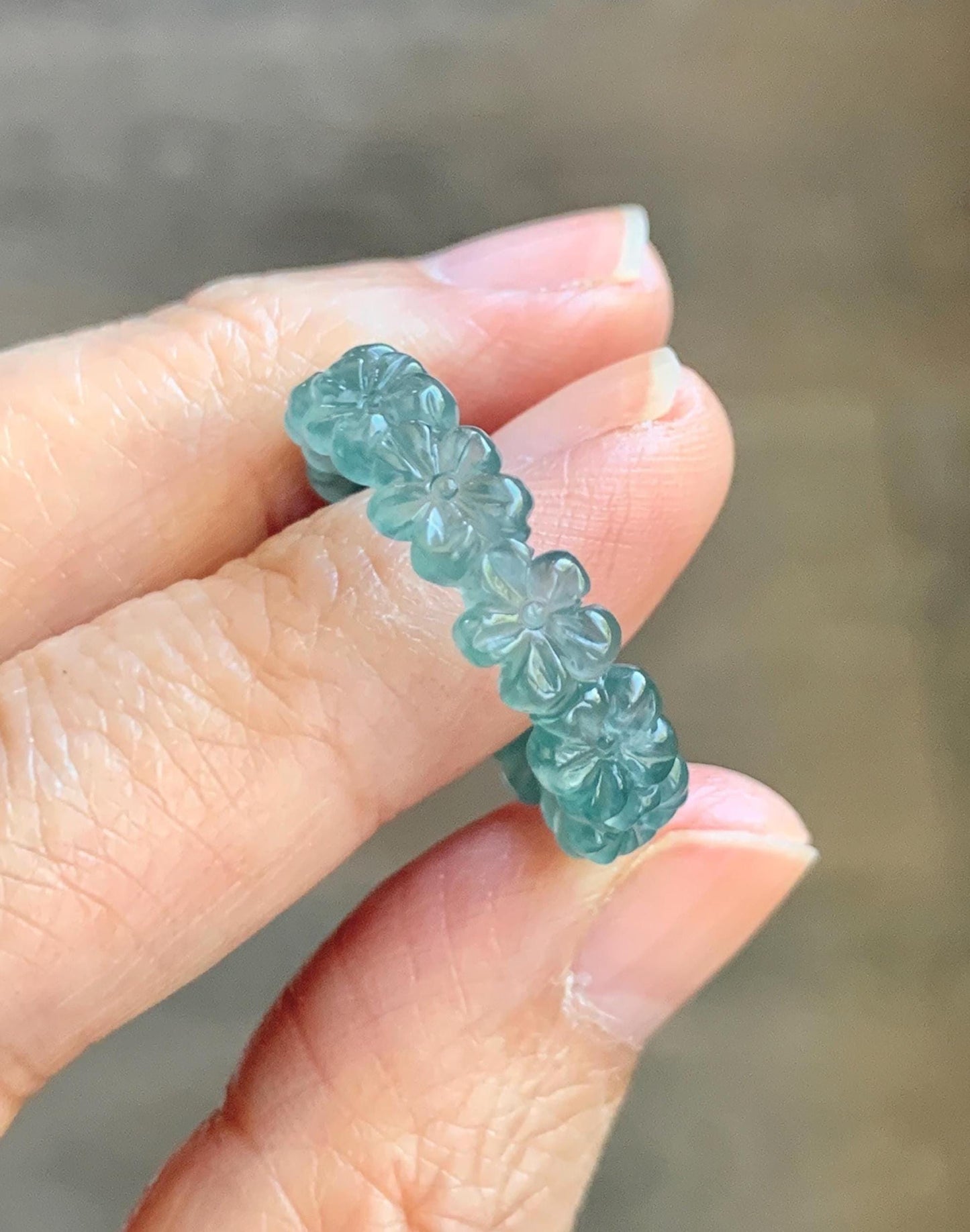 Certified Grade A Natural Guatemalan Icy Translucent Teal Blue Jade Jadeite Carved Cherry Blossom Band Ring Size 9 US 天然冰胶起光危蓝翡翠梅花戒圈 WMJ330C