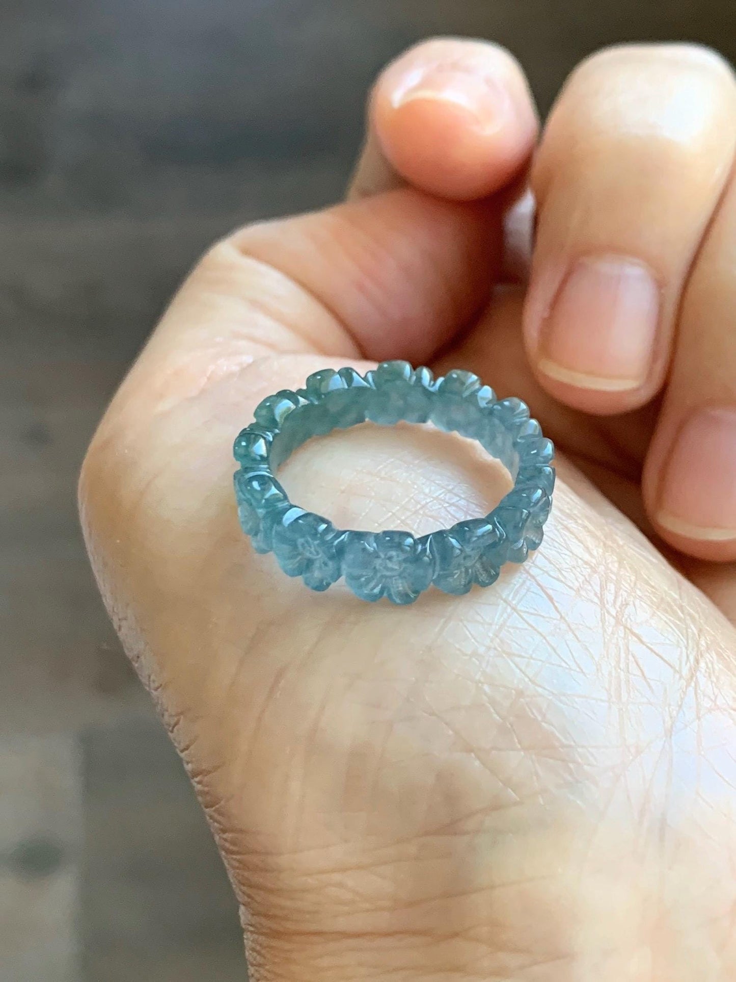 Certified Grade A Natural Guatemalan Icy Purplish Blue & Teal Jade Jadeite Carved Cherry Blossom Band Ring Size 7.75 天然冰胶起光危蓝紫翡翠梅花戒圈 WMJ330A