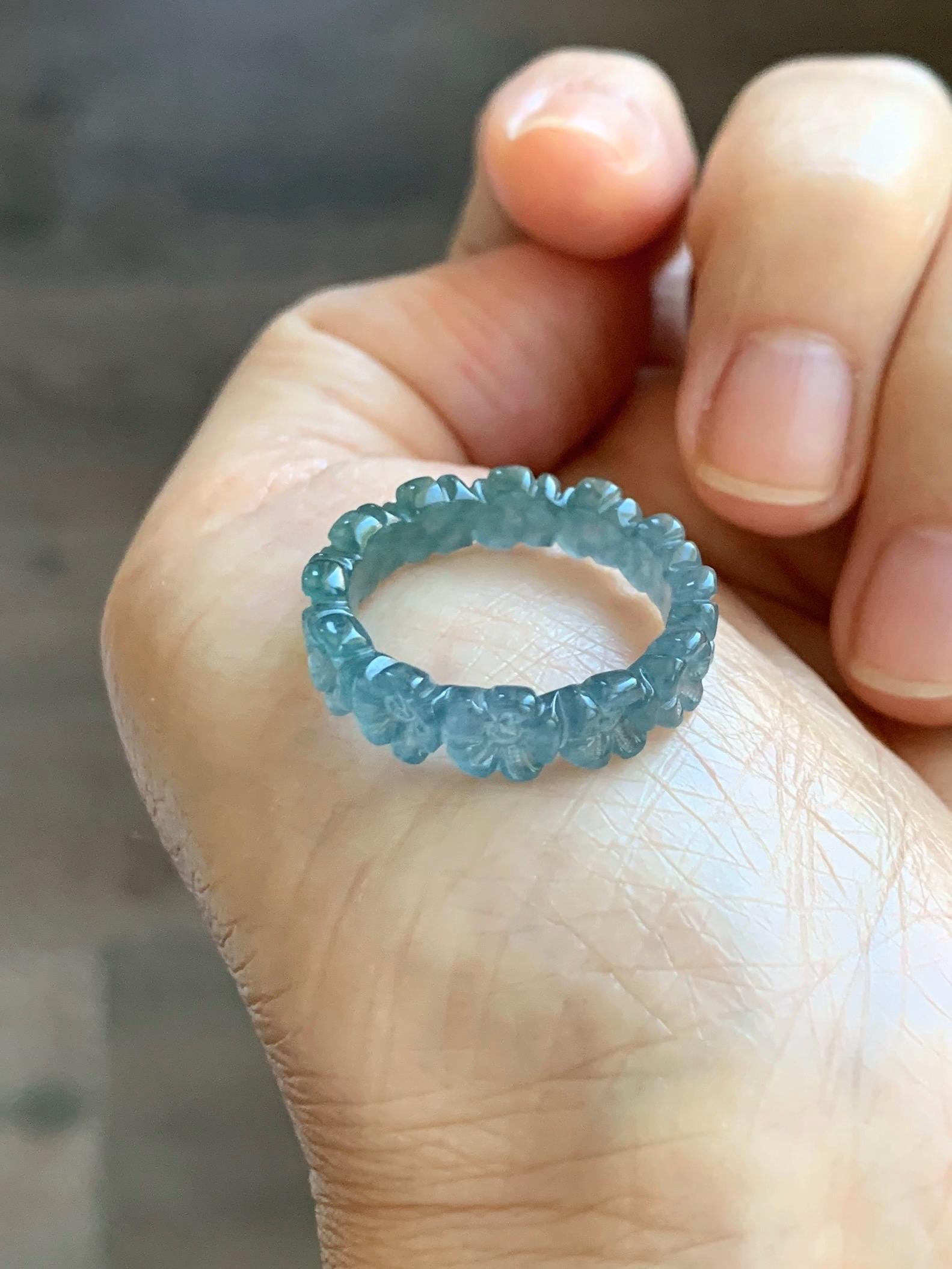 Certified Grade A Natural Guatemalan Icy Purplish Blue & Teal Jade Jadeite Carved Cherry Blossom Band Ring Size 7.75 天然冰胶起光危蓝紫翡翠梅花戒圈 WMJ330A