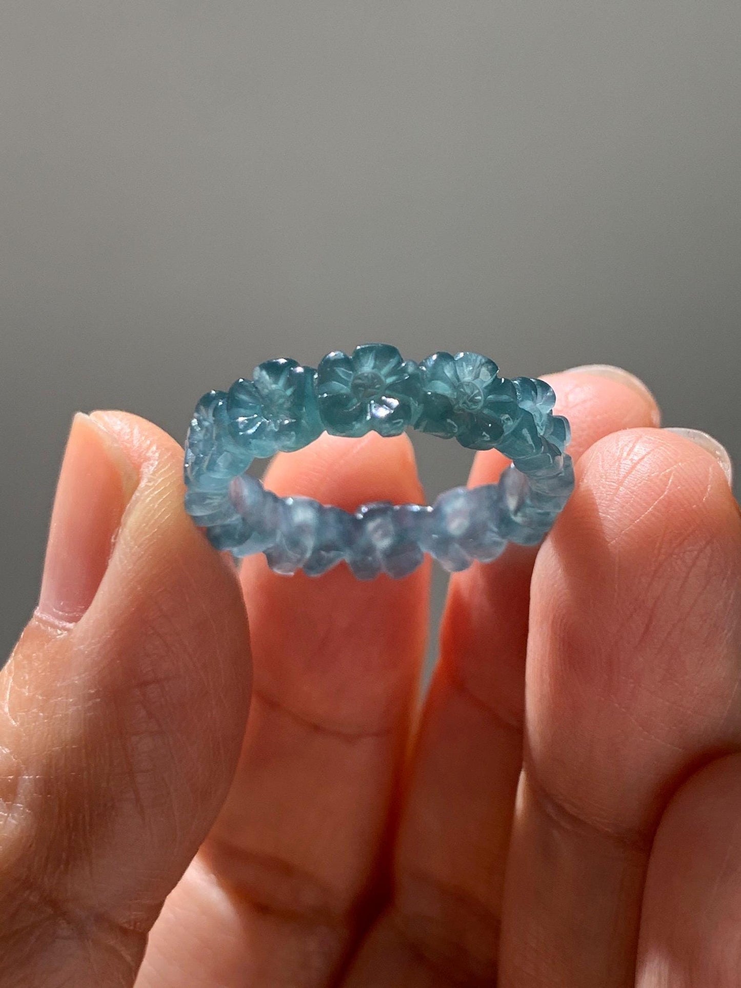 Certified Grade A Natural Guatemalan Icy Purplish Blue & Teal Jade Jadeite Carved Cherry Blossom Band Ring Size 7.75 天然冰胶起光危蓝紫翡翠梅花戒圈 WMJ330A