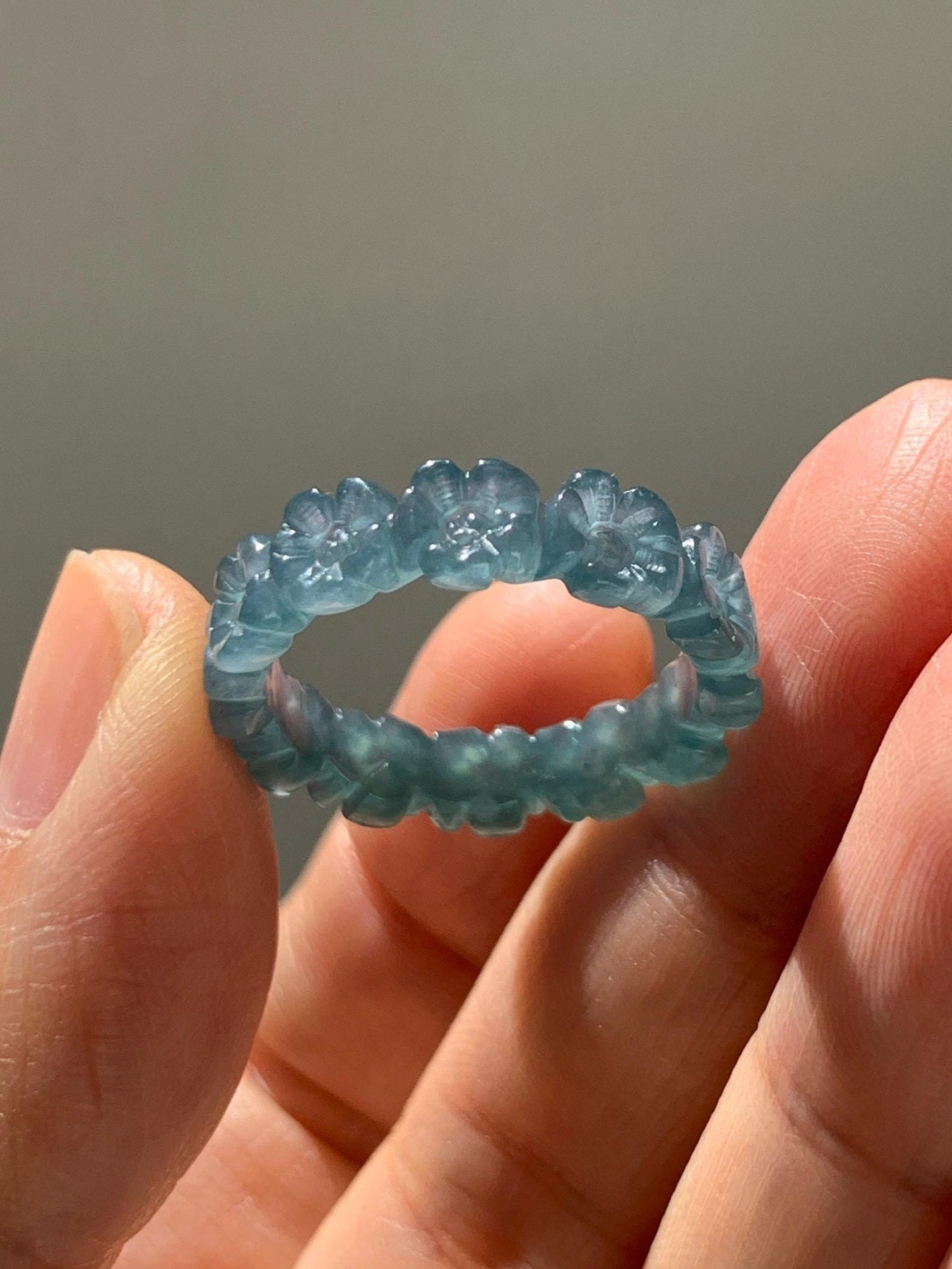 Certified Grade A Natural Guatemalan Icy Purplish Blue & Teal Jade Jadeite Carved Cherry Blossom Band Ring Size 7.75 天然冰胶起光危蓝紫翡翠梅花戒圈 WMJ330A
