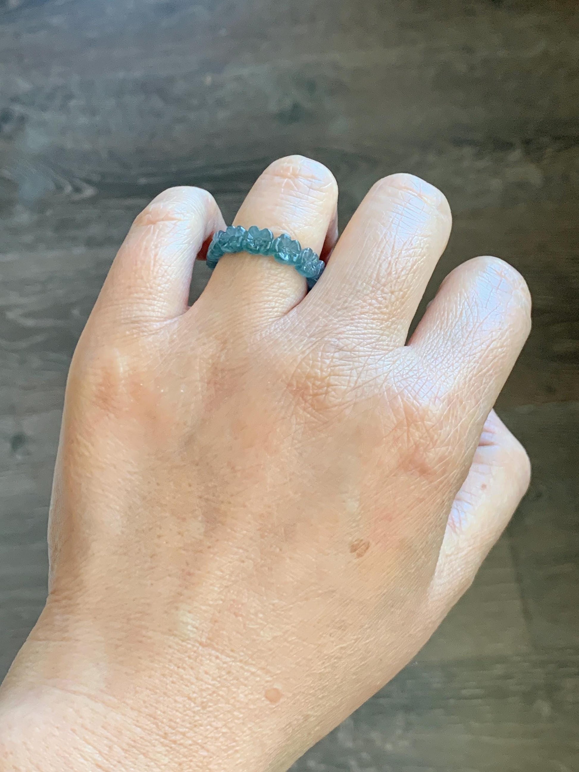 Certified Grade A Natural Guatemalan Icy Purplish Blue & Teal Jade Jadeite Carved Cherry Blossom Band Ring Size 7.75 天然冰胶起光危蓝紫翡翠梅花戒圈 WMJ330A