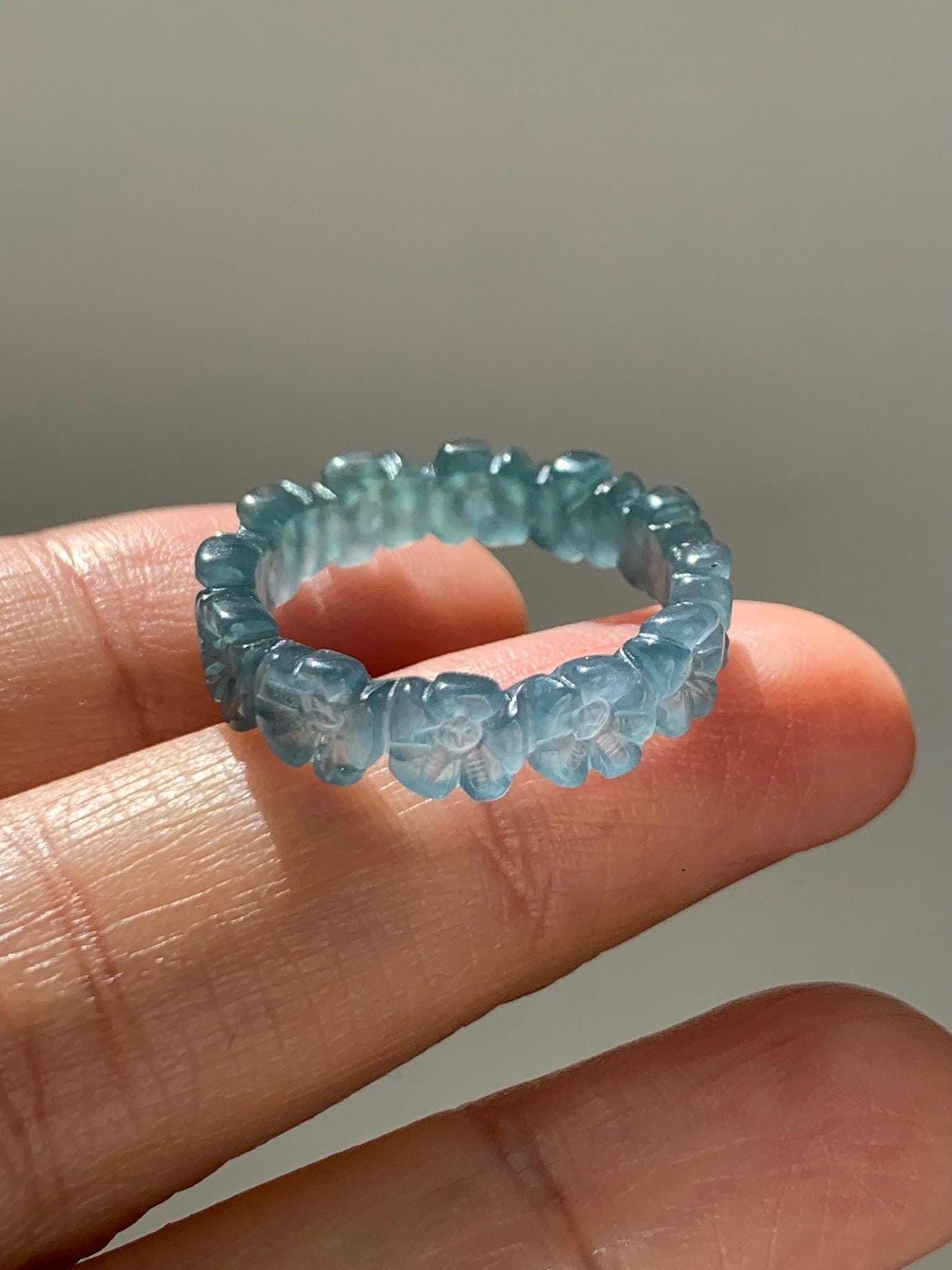 Certified Grade A Natural Guatemalan Icy Purplish Blue & Teal Jade Jadeite Carved Cherry Blossom Band Ring Size 7.75 天然冰胶起光危蓝紫翡翠梅花戒圈 WMJ330A