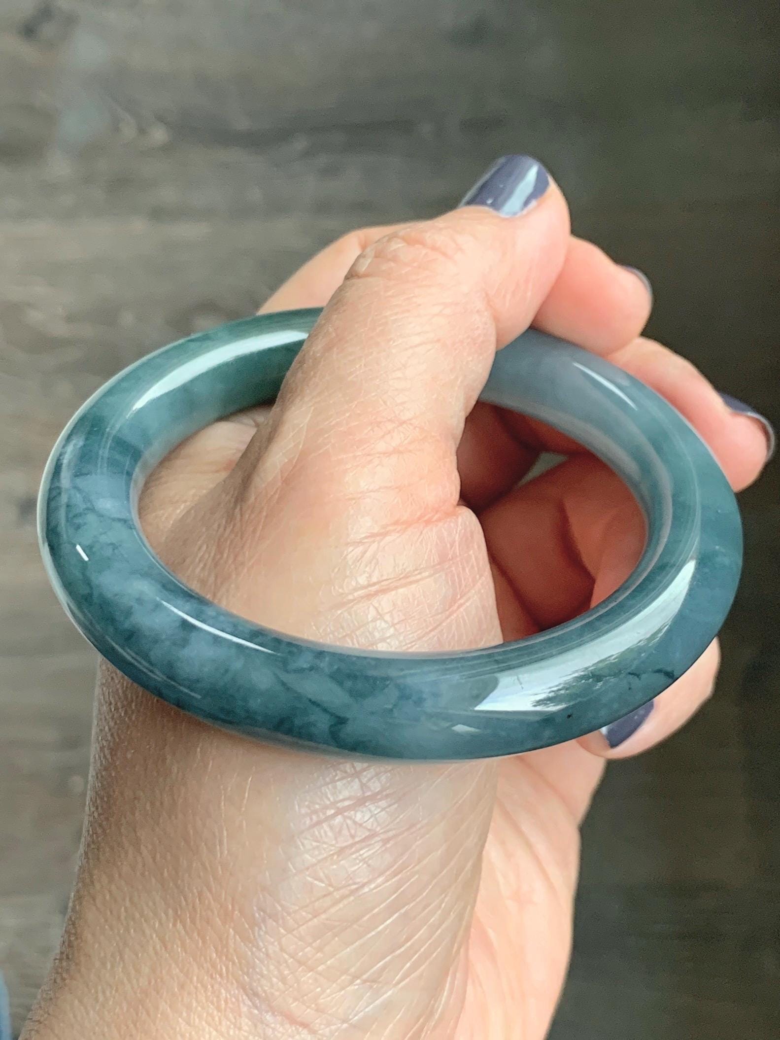 Certified Natural Grade A Guatemalan Icy Translucent Dusty Teal Blue Jade Jadeite Wide Bangle Bracelet 56.1mm 6.9” 天然冰危暗蓝莓紫翡翠粗圆条手镯 487