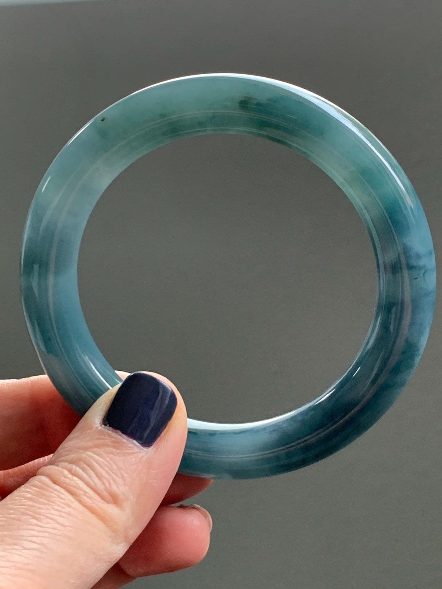Certified Natural Grade A Guatemalan Icy Translucent Dusty Teal Blue Jade Jadeite Wide Bangle Bracelet 56.1mm 6.9” 天然冰危暗蓝莓紫翡翠粗圆条手镯 487