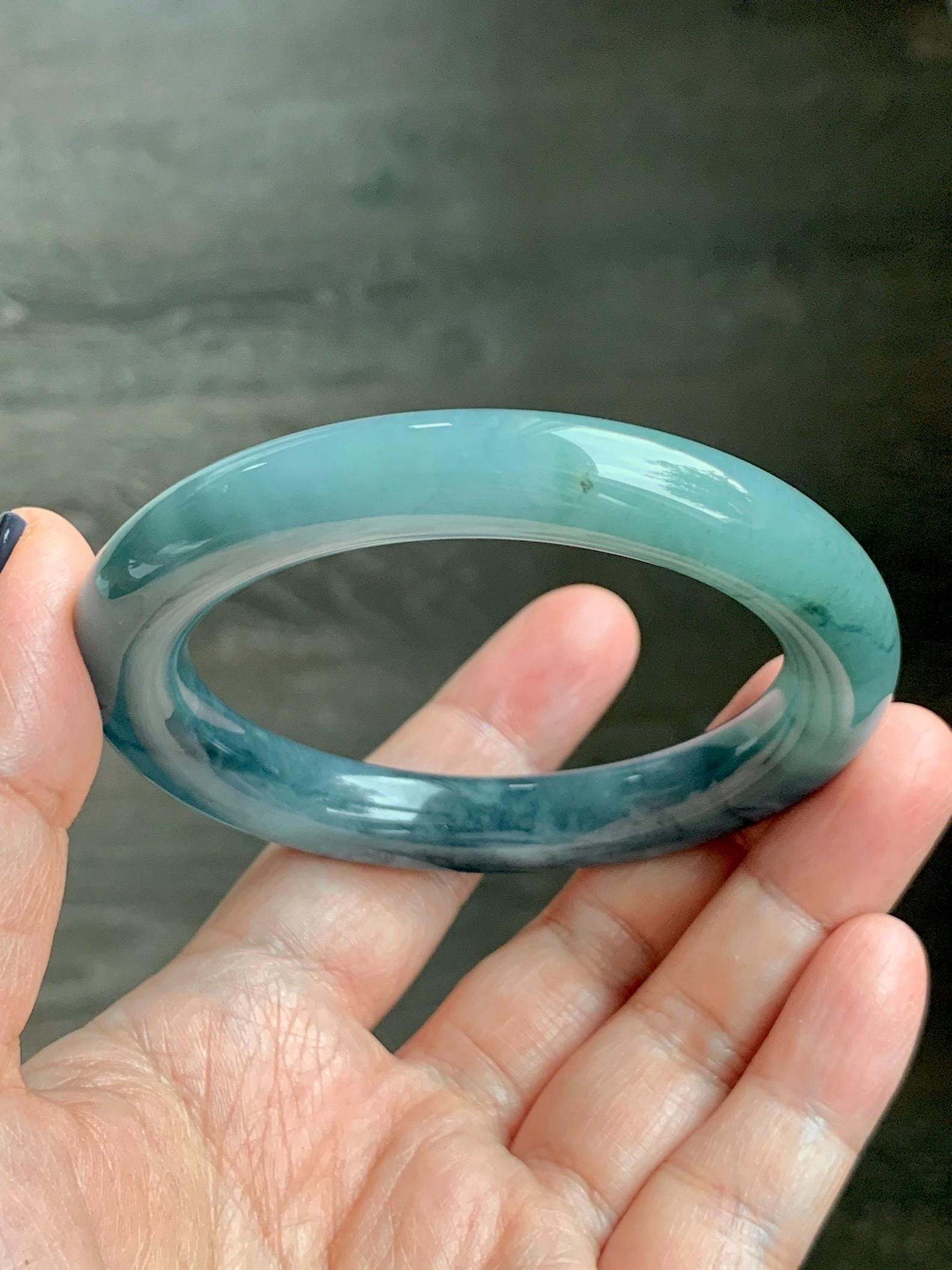 Certified Natural Grade A Guatemalan Icy Translucent Dusty Teal Blue Jade Jadeite Wide Bangle Bracelet 56.1mm 6.9” 天然冰危暗蓝莓紫翡翠粗圆条手镯 487