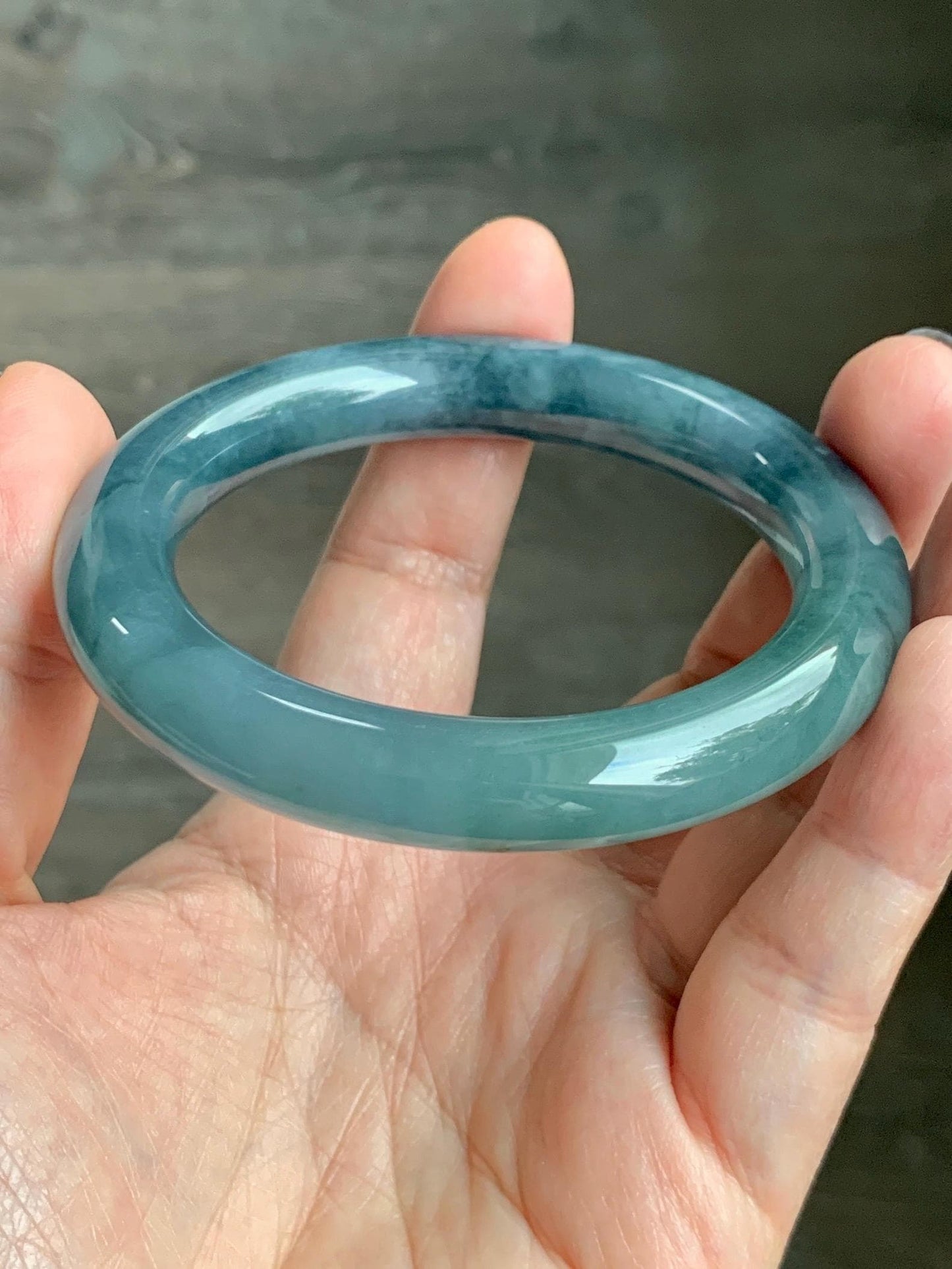 Certified Natural Grade A Guatemalan Icy Translucent Dusty Teal Blue Jade Jadeite Wide Bangle Bracelet 56.1mm 6.9” 天然冰危暗蓝莓紫翡翠粗圆条手镯 487