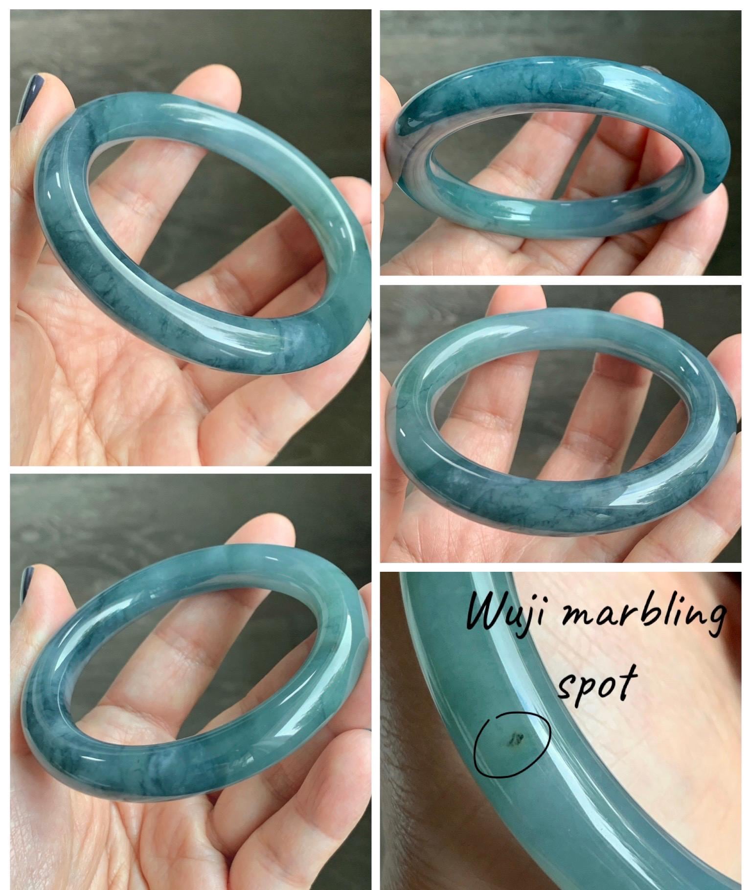 Certified Natural Grade A Guatemalan Icy Translucent Dusty Teal Blue Jade Jadeite Wide Bangle Bracelet 56.1mm 6.9” 天然冰危暗蓝莓紫翡翠粗圆条手镯 487