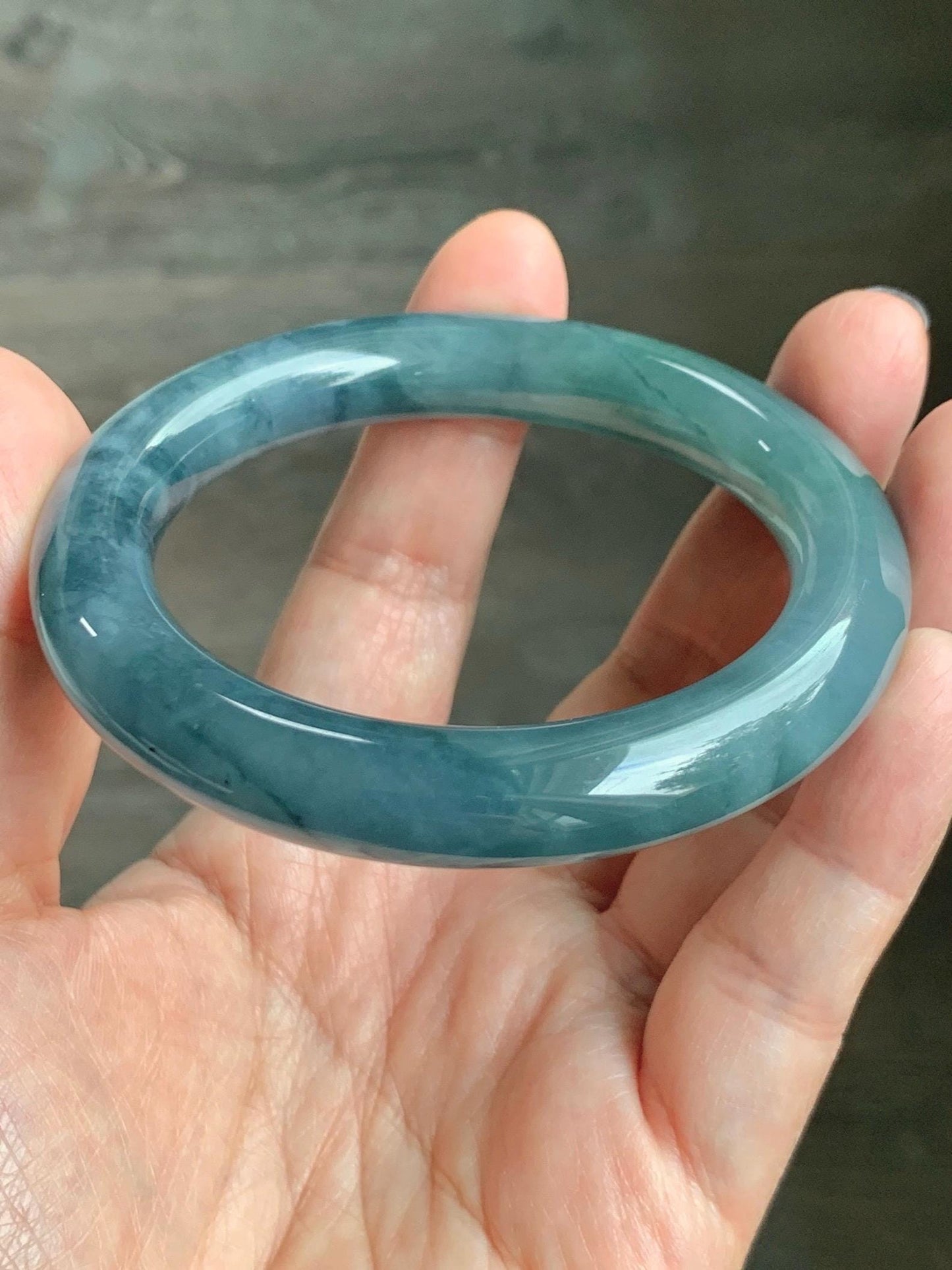 Certified Natural Grade A Guatemalan Icy Translucent Dusty Teal Blue Jade Jadeite Wide Bangle Bracelet 56.1mm 6.9” 天然冰危暗蓝莓紫翡翠粗圆条手镯 487