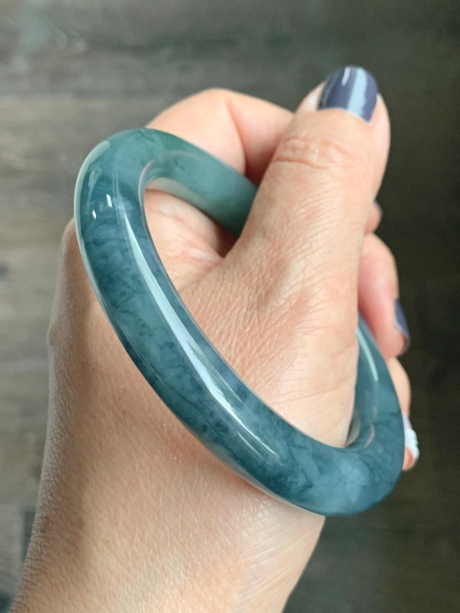 Certified Natural Grade A Guatemalan Icy Translucent Dusty Teal Blue Jade Jadeite Wide Bangle Bracelet 56.1mm 6.9” 天然冰危暗蓝莓紫翡翠粗圆条手镯 487