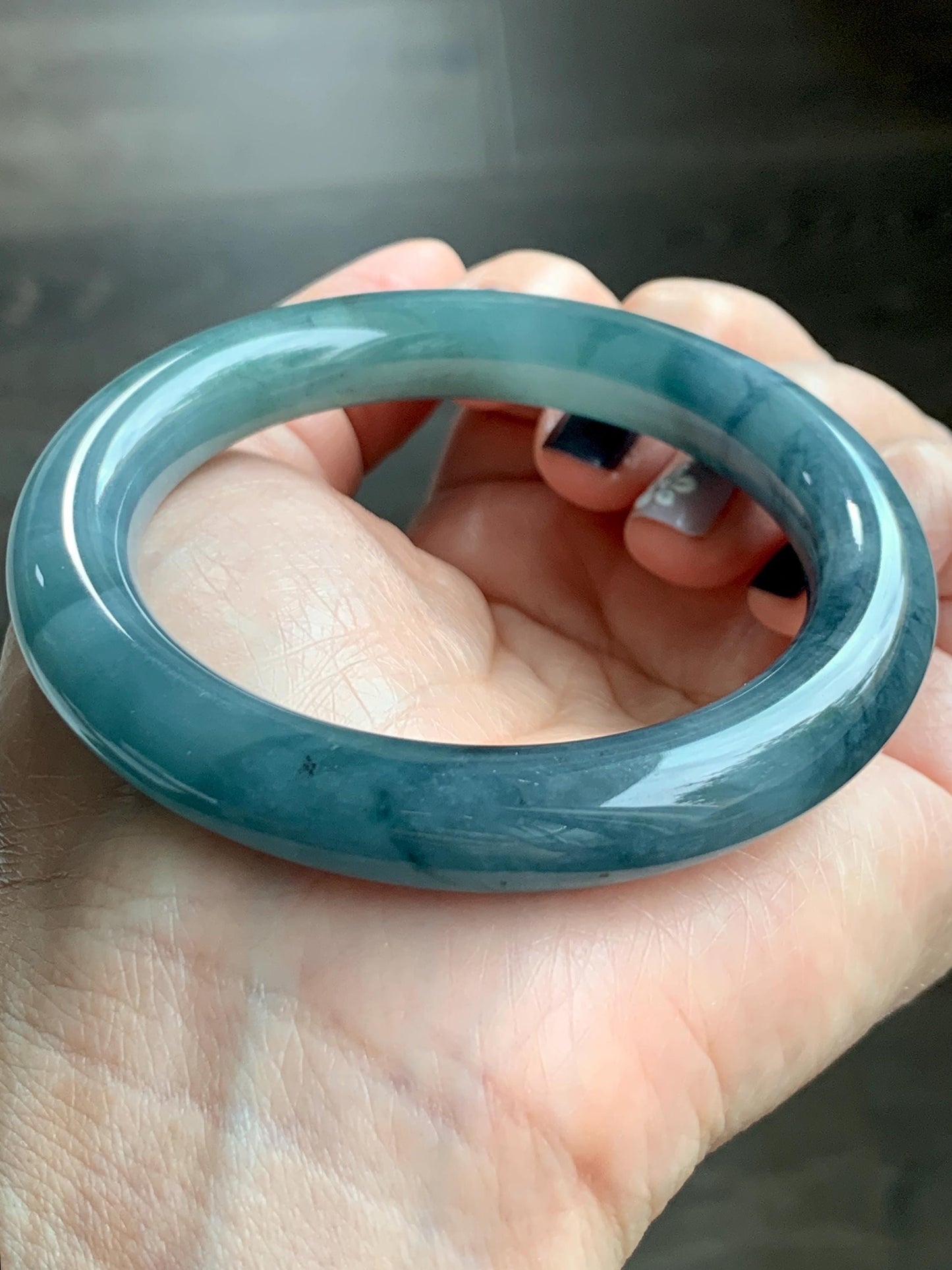 Certified Natural Grade A Guatemalan Icy Translucent Dusty Teal Blue Jade Jadeite Wide Bangle Bracelet 56.1mm 6.9” 天然冰危暗蓝莓紫翡翠粗圆条手镯 487