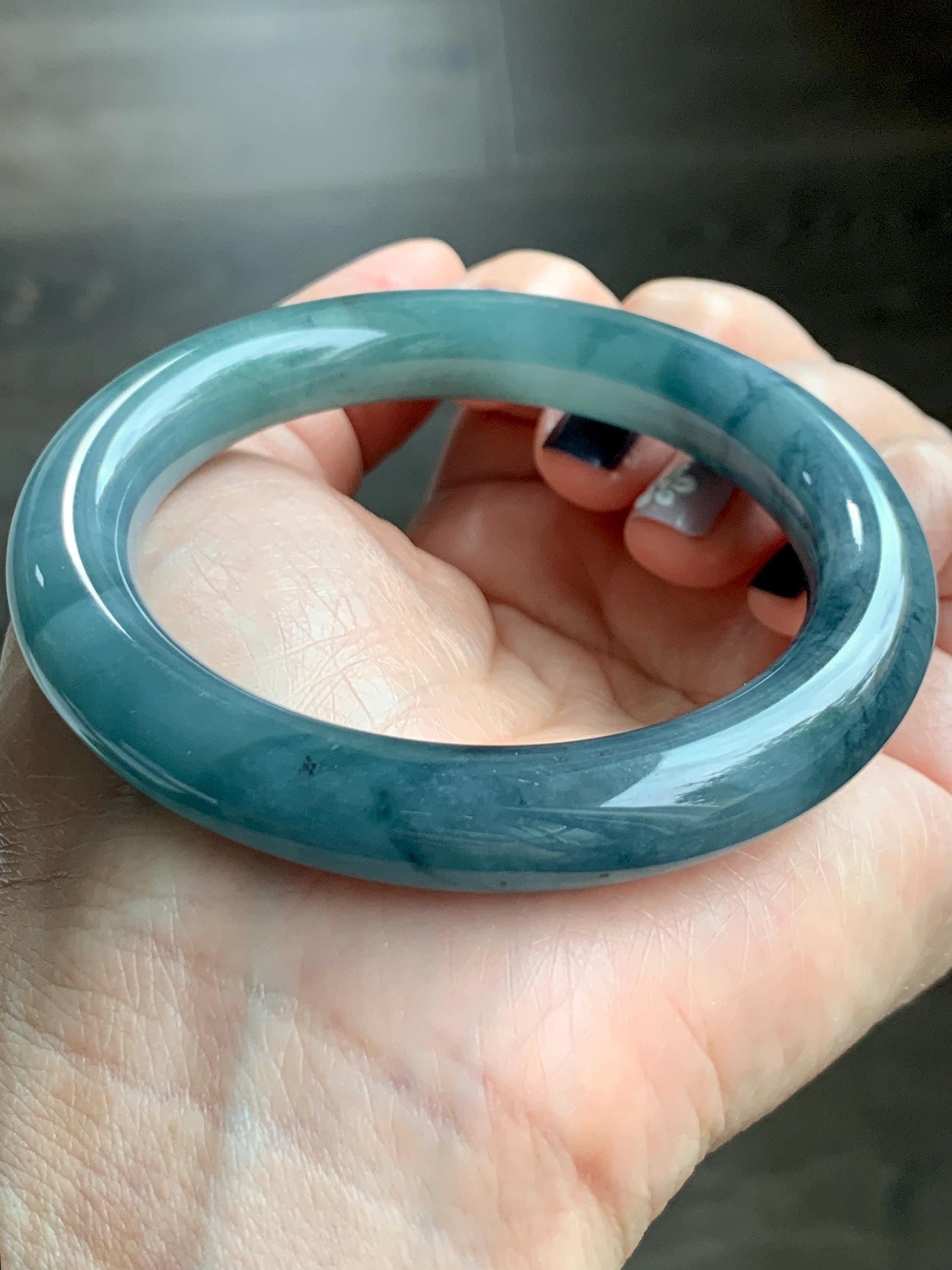 Certified Natural Grade A Guatemalan Icy Translucent Dusty Teal Blue Jade Jadeite Wide Bangle Bracelet 56.1mm 6.9” 天然冰危暗蓝莓紫翡翠粗圆条手镯 487