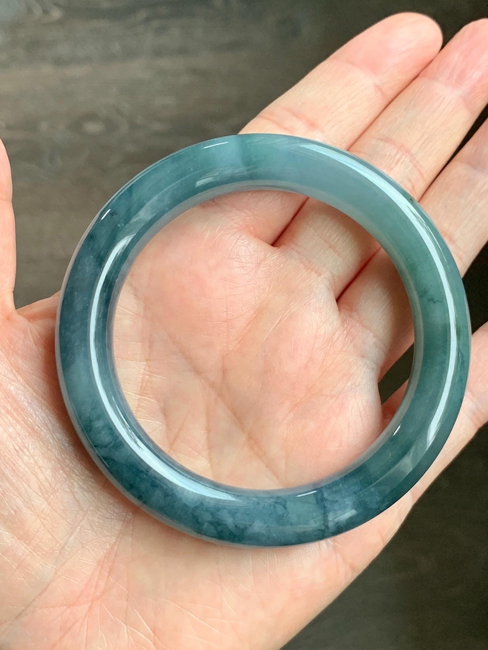 Certified Natural Grade A Guatemalan Icy Translucent Dusty Teal Blue Jade Jadeite Wide Bangle Bracelet 56.1mm 6.9” 天然冰危暗蓝莓紫翡翠粗圆条手镯 487