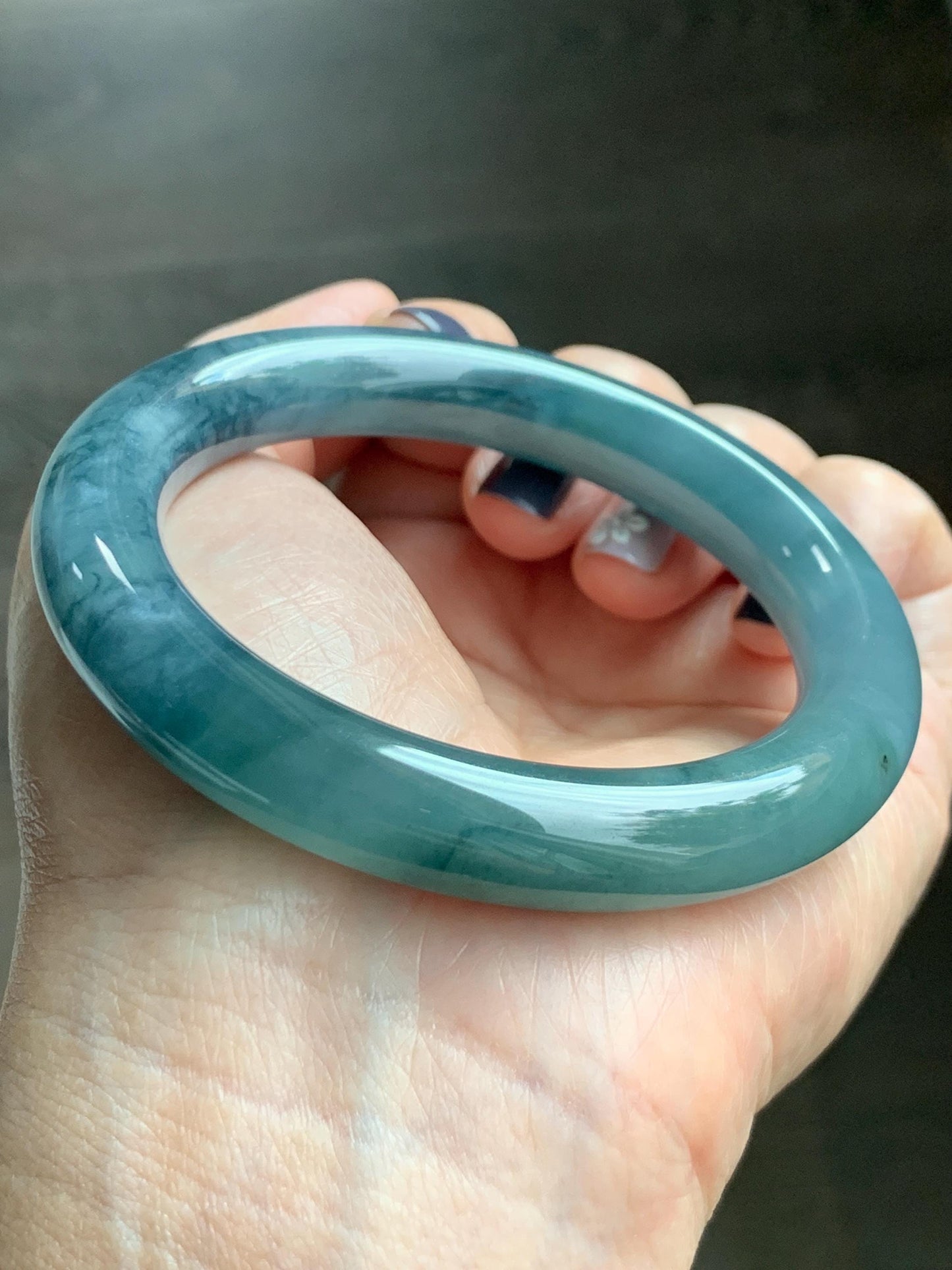 Certified Natural Grade A Guatemalan Icy Translucent Dusty Teal Blue Jade Jadeite Wide Bangle Bracelet 56.1mm 6.9” 天然冰危暗蓝莓紫翡翠粗圆条手镯 487