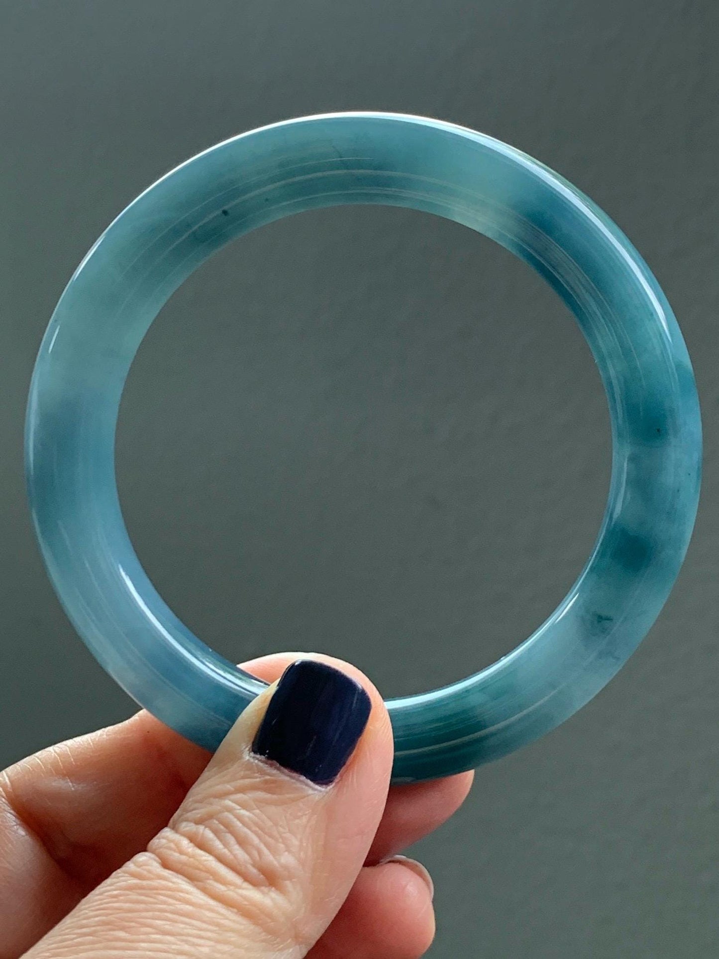 Certified Natural Grade A Guatemalan Icy Translucent Dusty Blueberry Blue Jade Jadeite Wide Bangle Bracelet 57mm 7” As Is 天然冰危蓝莓紫翡翠粗圆条手镯 485