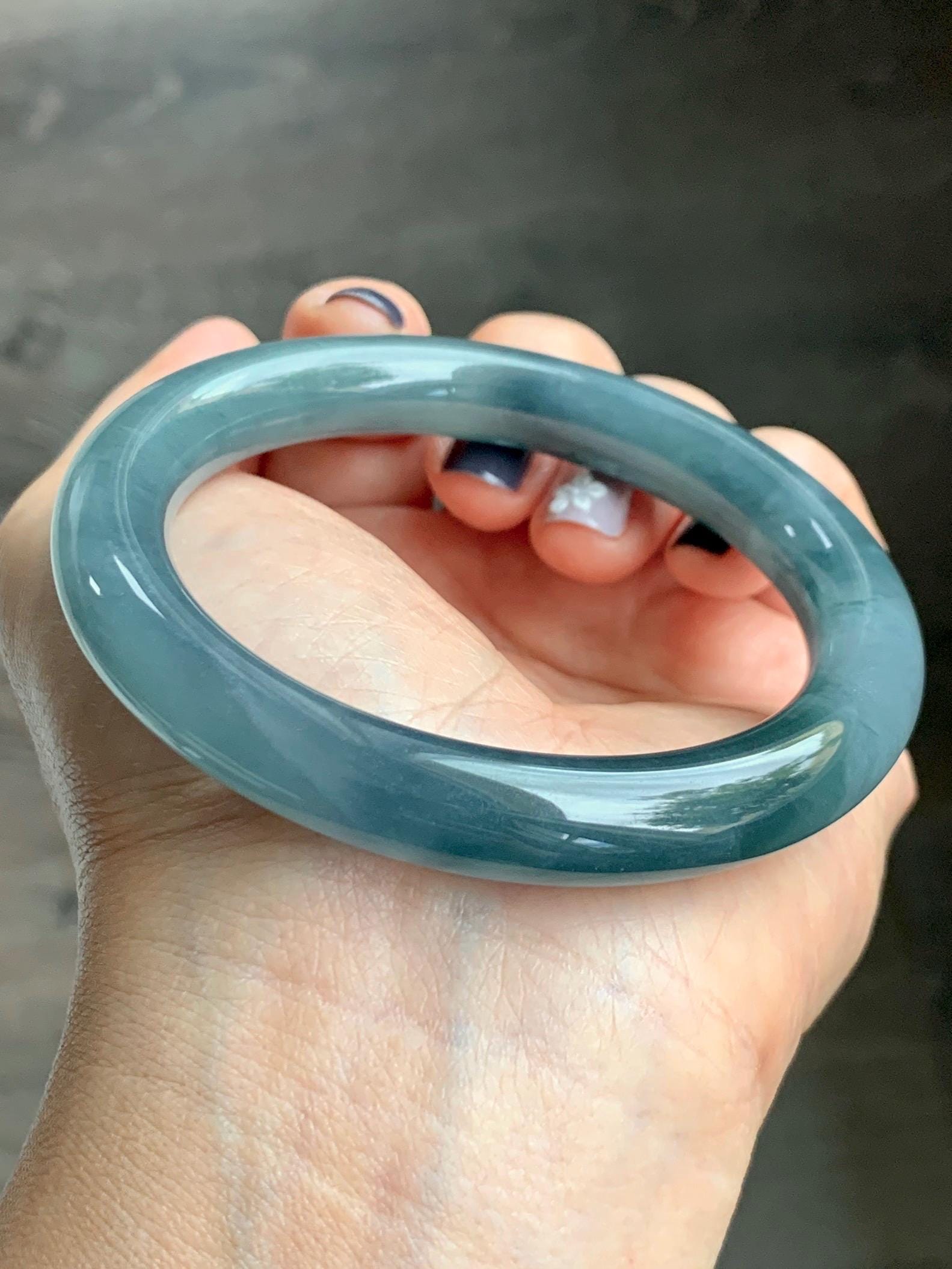 Certified Natural Grade A Guatemalan Icy Translucent Dusty Blueberry Blue Jade Jadeite Wide Bangle Bracelet 57mm 7” As Is 天然冰危蓝莓紫翡翠粗圆条手镯 485