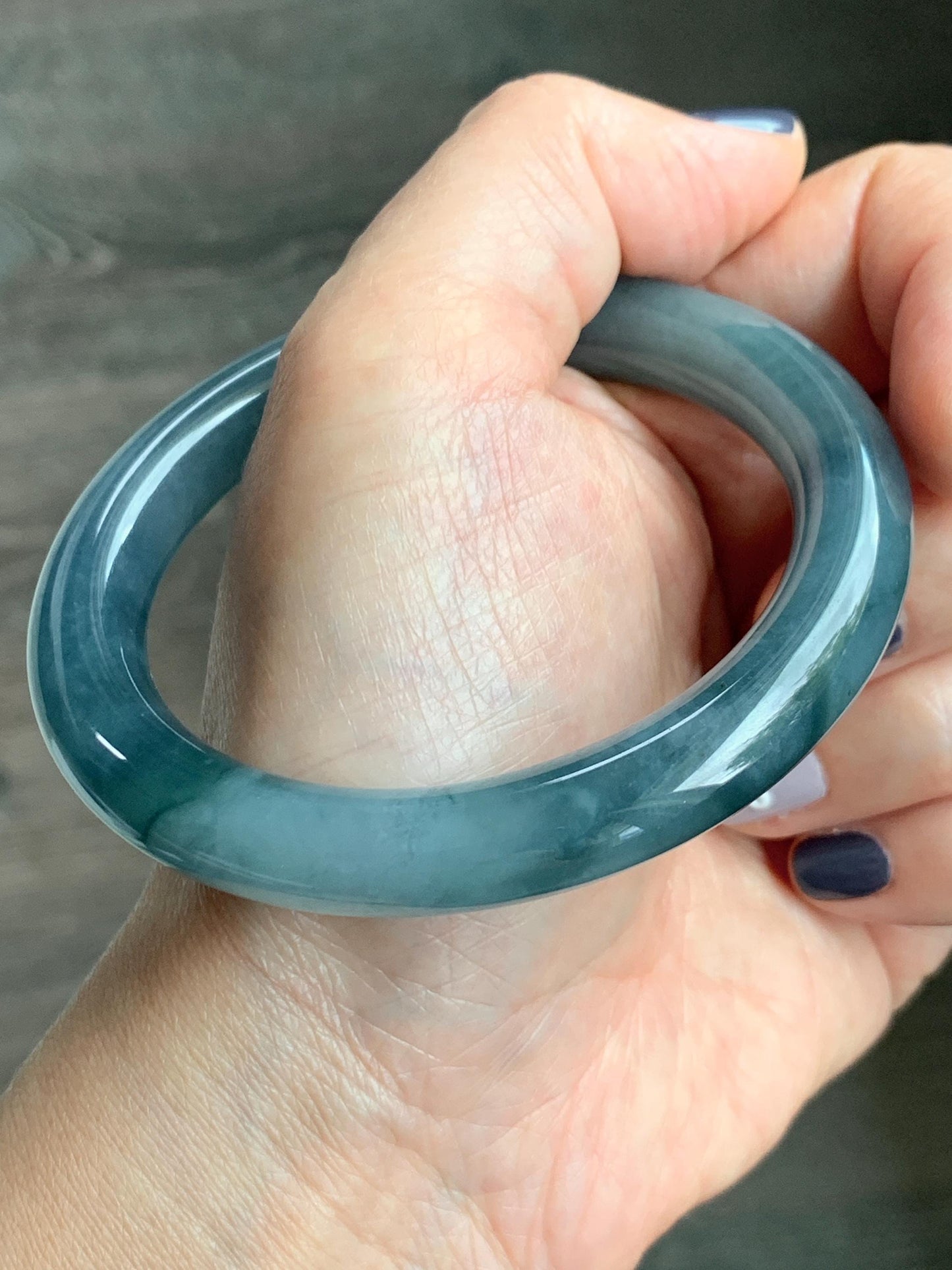 Certified Natural Grade A Guatemalan Icy Translucent Dusty Blueberry Blue Jade Jadeite Wide Bangle Bracelet 57mm 7” As Is 天然冰危蓝莓紫翡翠粗圆条手镯 485