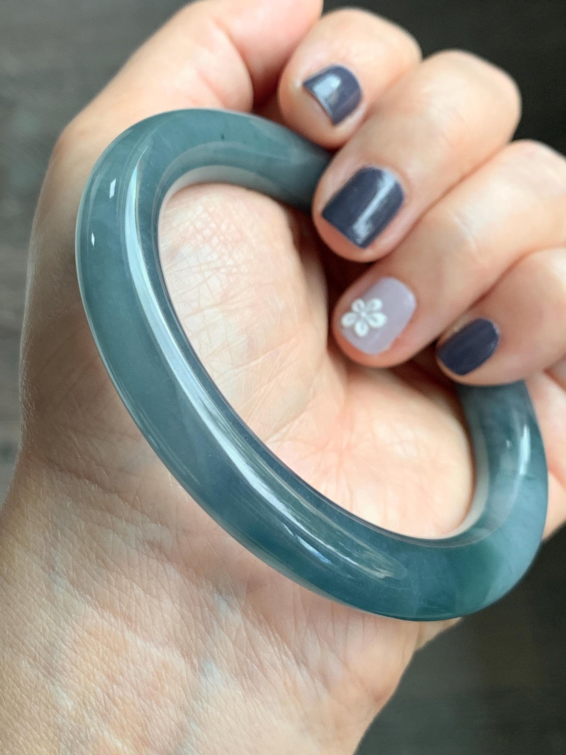 Certified Natural Grade A Guatemalan Icy Translucent Dusty Blueberry Blue Jade Jadeite Wide Bangle Bracelet 57mm 7” As Is 天然冰危蓝莓紫翡翠粗圆条手镯 485