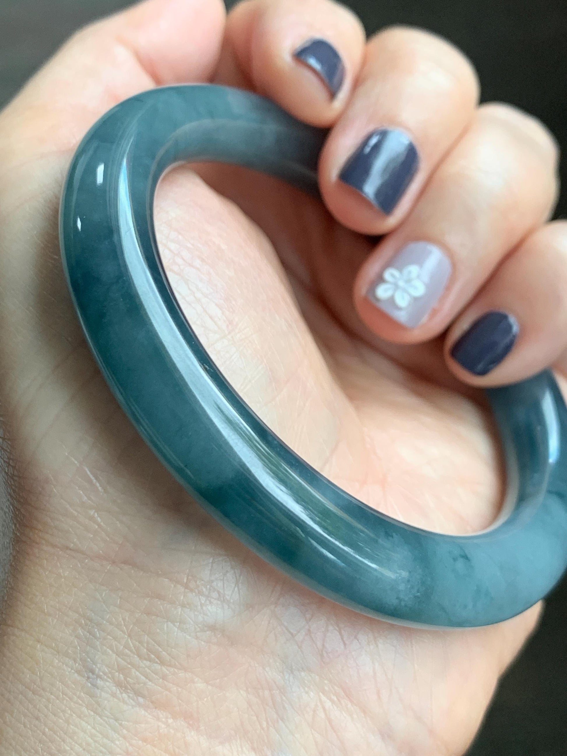 Certified Natural Grade A Guatemalan Icy Translucent Dusty Blueberry Blue Jade Jadeite Wide Bangle Bracelet 57mm 7” As Is 天然冰危蓝莓紫翡翠粗圆条手镯 485