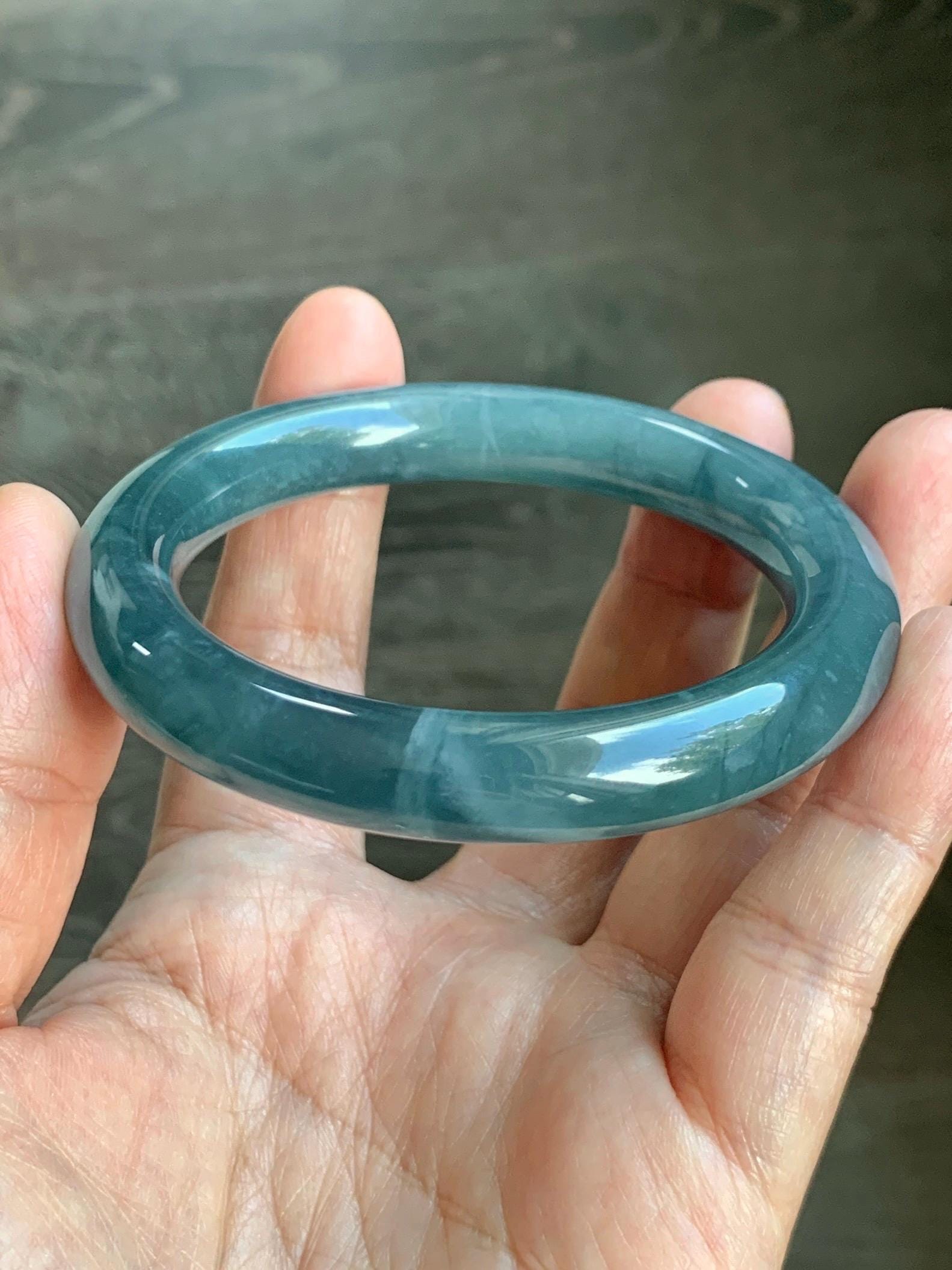 Certified Natural Grade A Guatemalan Icy Translucent Dusty Blueberry Blue Jade Jadeite Wide Bangle Bracelet 56.1mm 6.93” 天然冰危蓝莓紫翡翠粗圆条手镯 484