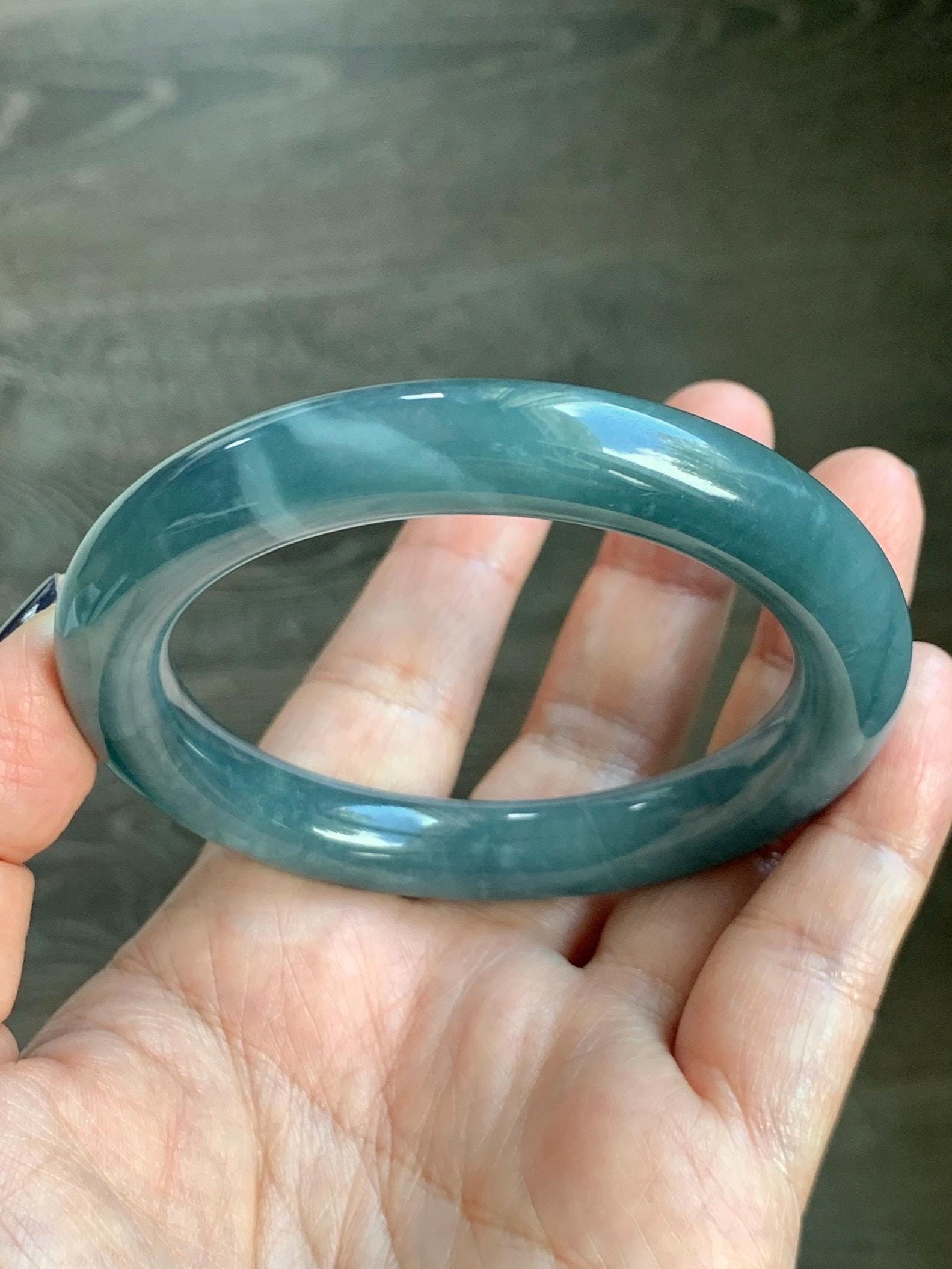 Certified Natural Grade A Guatemalan Icy Translucent Dusty Blueberry Blue Jade Jadeite Wide Bangle Bracelet 56.1mm 6.93” 天然冰危蓝莓紫翡翠粗圆条手镯 484