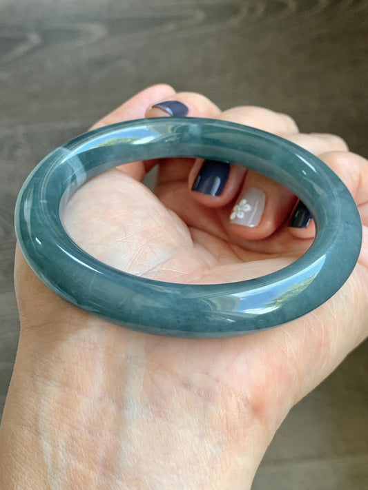 Certified Natural Grade A Guatemalan Icy Translucent Dusty Blueberry Blue Jade Jadeite Wide Bangle Bracelet 56.1mm 6.93” 天然冰危蓝莓紫翡翠粗圆条手镯 484