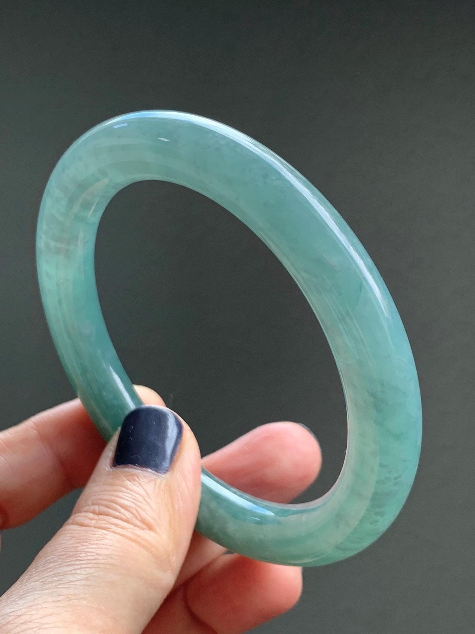 Certified Natural Grade A Guatemalan Icy Translucent Dusty Teal Green Jade Jadeite Wide Bangle Bracelet 59mm 7.29” 天然冰危暗蓝绿翡翠粗圆条手镯 511
