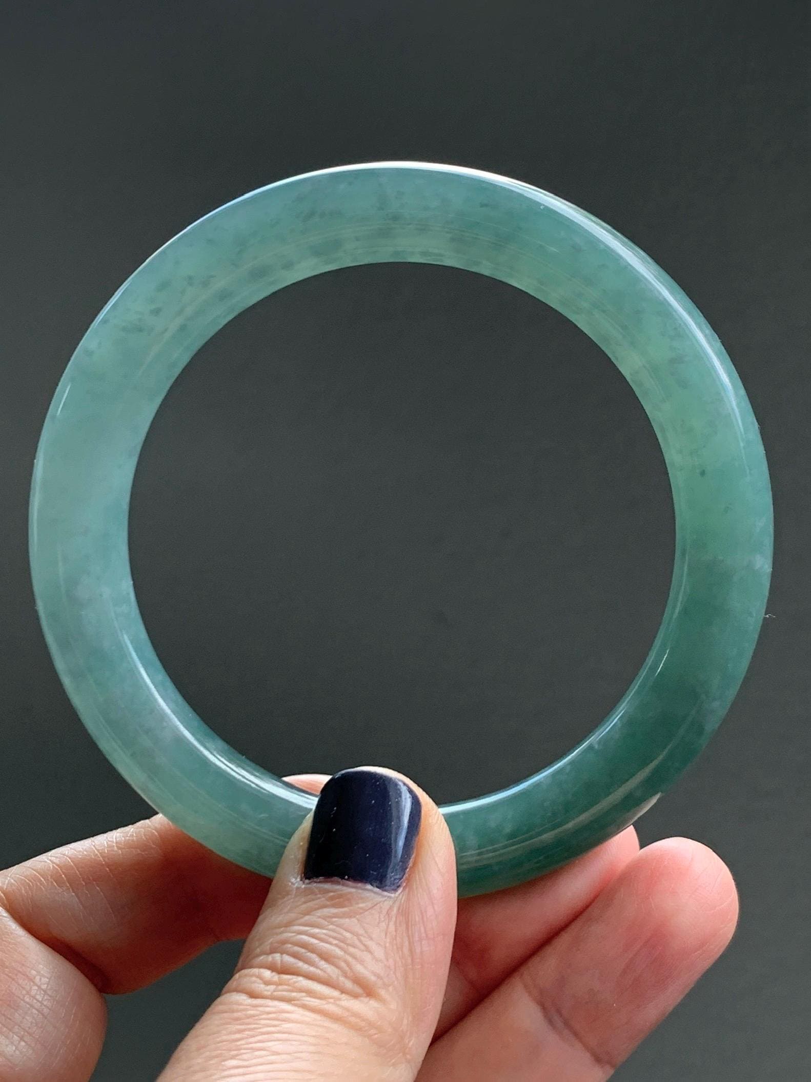 Certified Natural Grade A Guatemalan Icy Translucent Dusty Teal Green Jade Jadeite Wide Bangle Bracelet 59mm 7.29” 天然冰危暗蓝绿翡翠粗圆条手镯 511