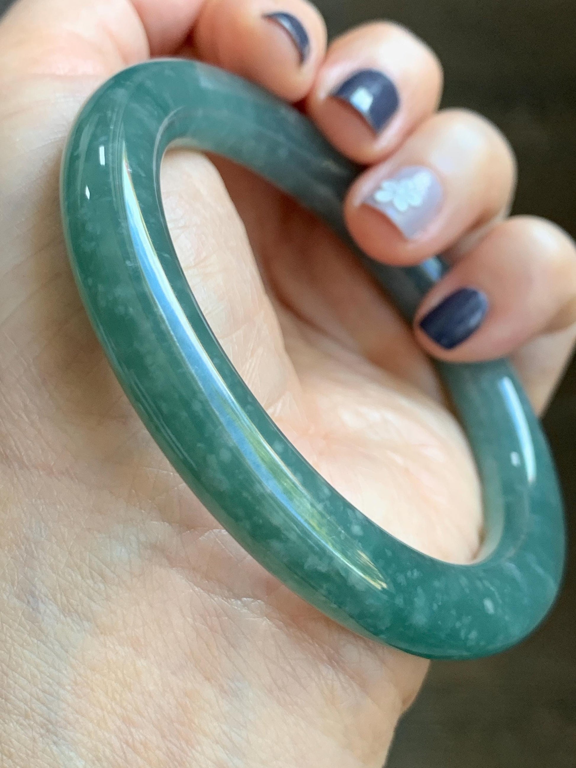 Certified Natural Grade A Guatemalan Icy Translucent Dusty Teal Green Jade Jadeite Wide Bangle Bracelet 59mm 7.29” 天然冰危暗蓝绿翡翠粗圆条手镯 511
