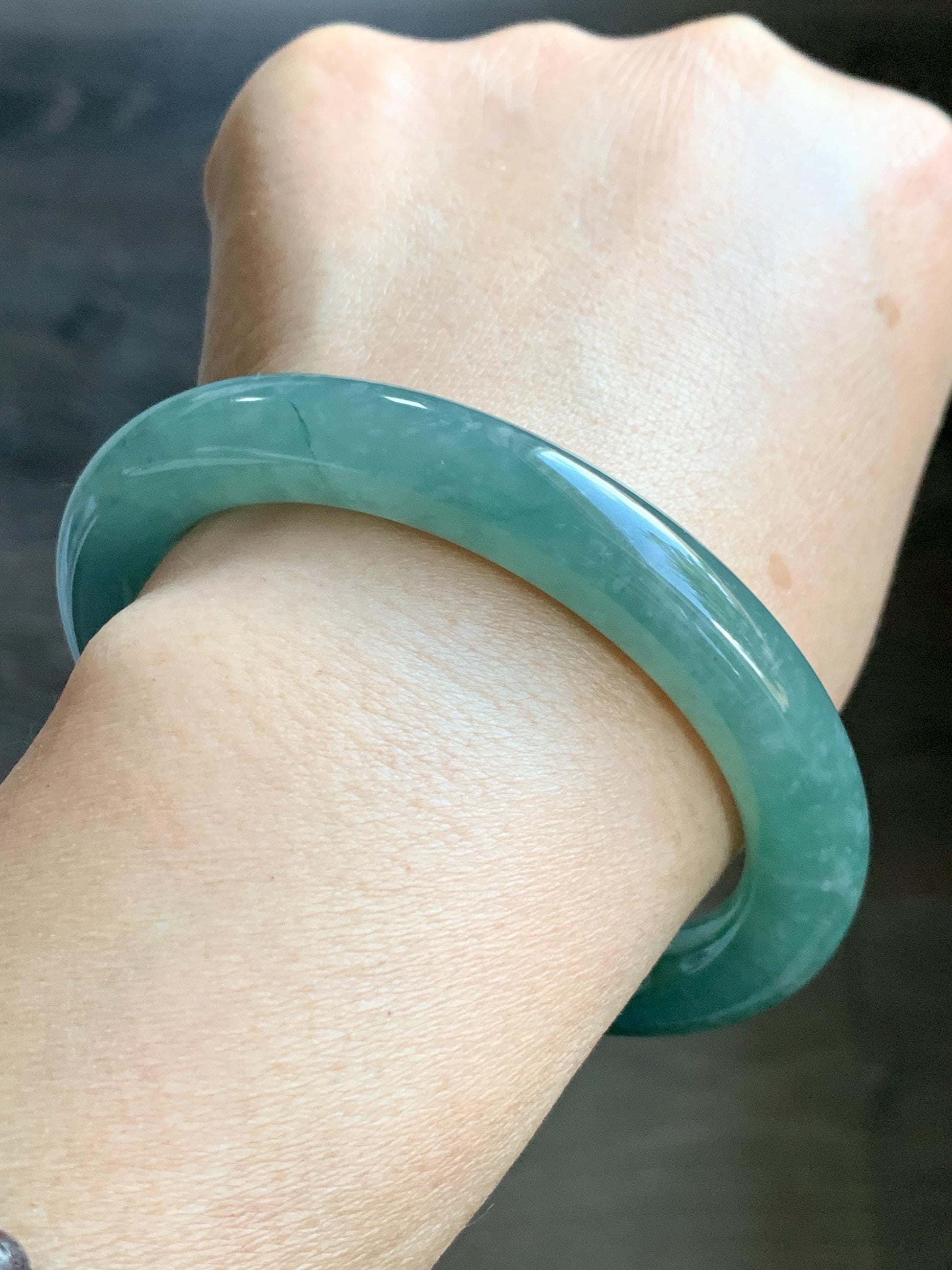 Certified Natural Grade A Guatemalan Icy Translucent Dusty Teal Green Jade Jadeite Wide Bangle Bracelet 59mm 7.29” 天然冰危暗蓝绿翡翠粗圆条手镯 511