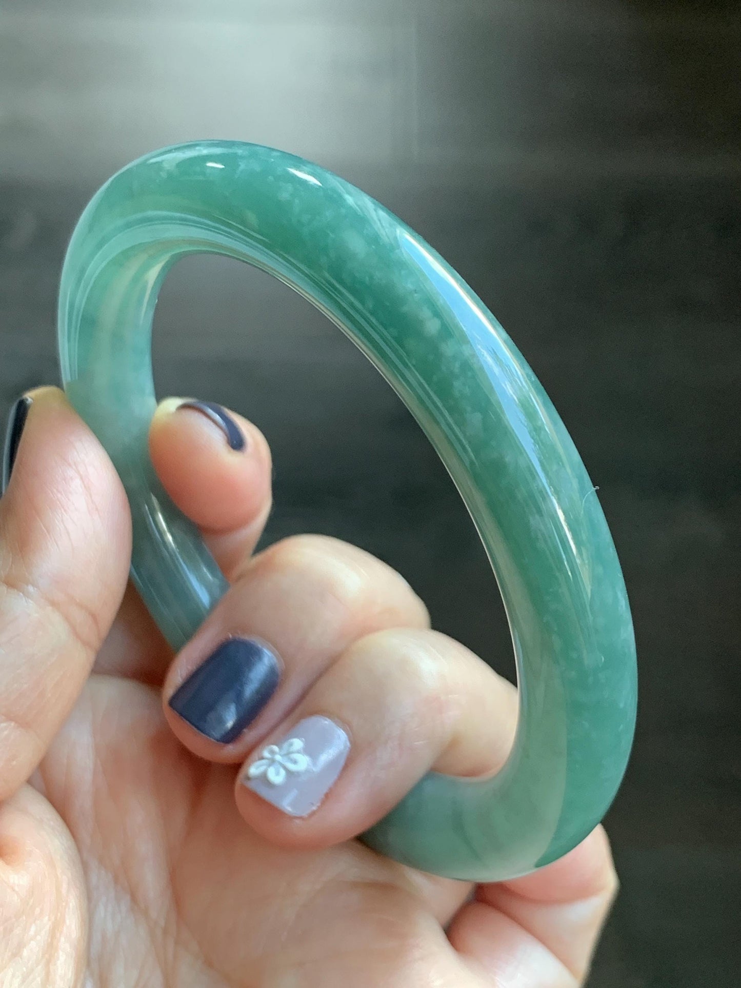 Certified Natural Grade A Guatemalan Icy Translucent Dusty Teal Green Jade Jadeite Wide Bangle Bracelet 59mm 7.29” 天然冰危暗蓝绿翡翠粗圆条手镯 511