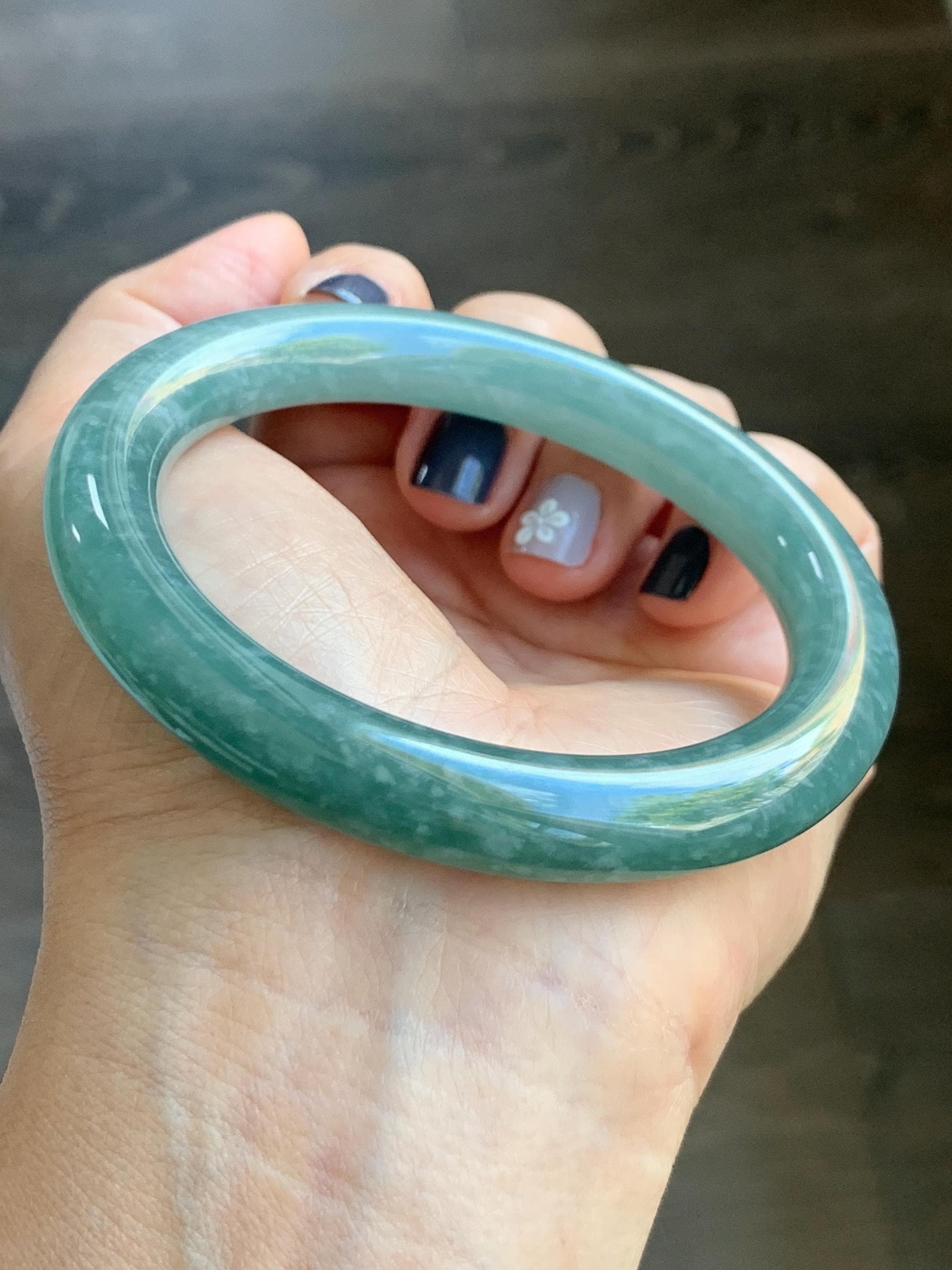 Certified Natural Grade A Guatemalan Icy Translucent Dusty Teal Green Jade Jadeite Wide Bangle Bracelet 59mm 7.29” 天然冰危暗蓝绿翡翠粗圆条手镯 511