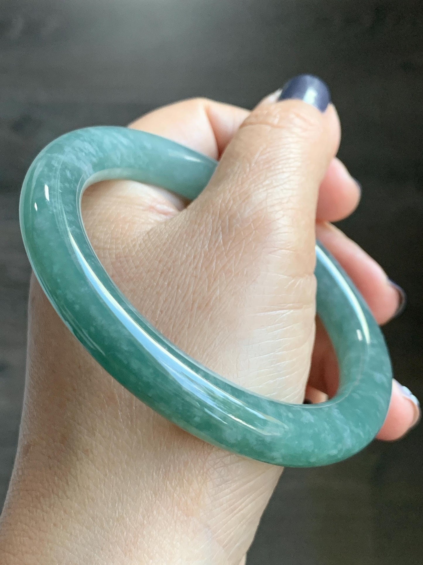 Certified Natural Grade A Guatemalan Icy Translucent Dusty Teal Green Jade Jadeite Wide Bangle Bracelet 59mm 7.29” 天然冰危暗蓝绿翡翠粗圆条手镯 511