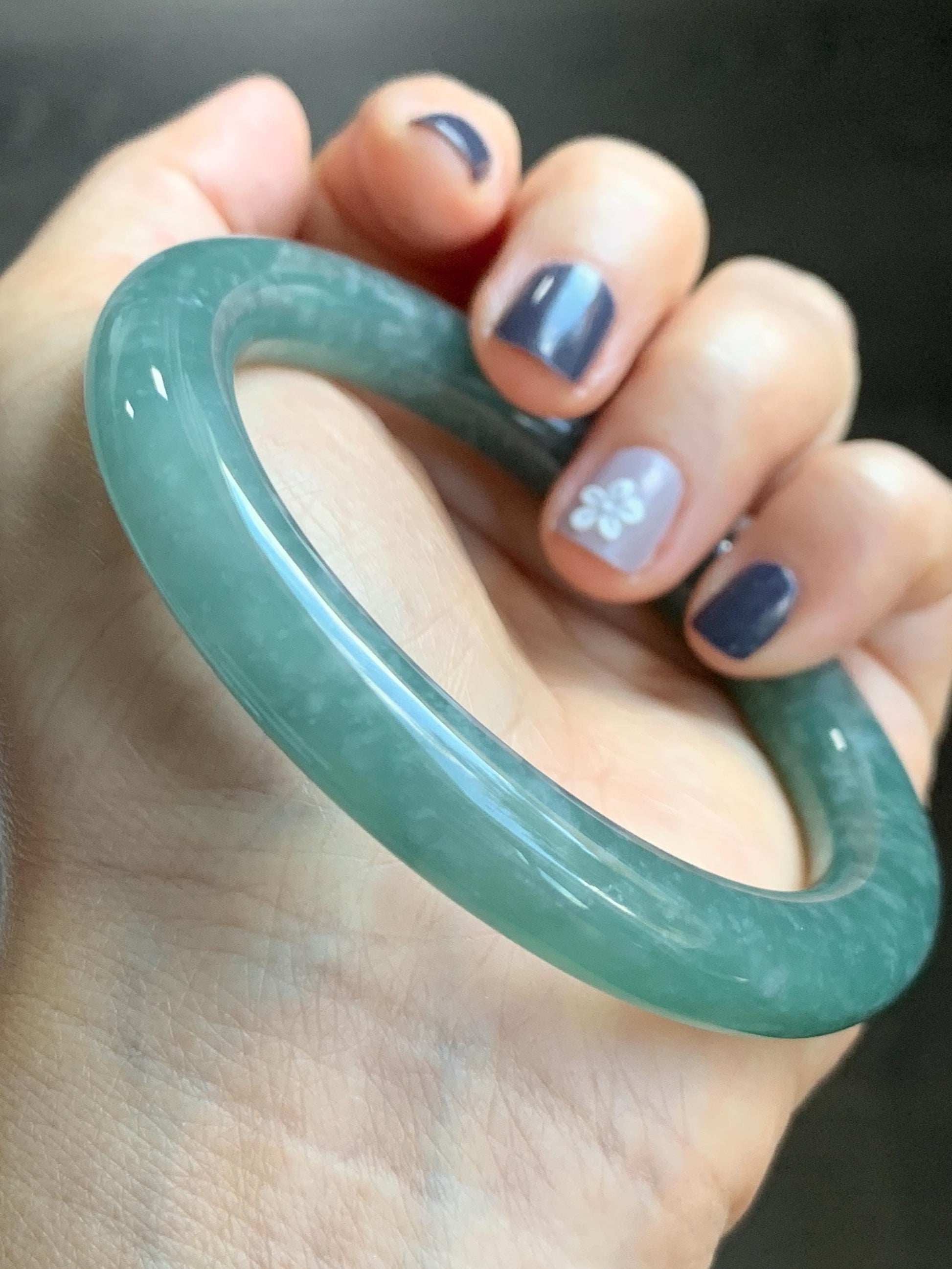 Certified Natural Grade A Guatemalan Icy Translucent Dusty Teal Green Jade Jadeite Wide Bangle Bracelet 59mm 7.29” 天然冰危暗蓝绿翡翠粗圆条手镯 511