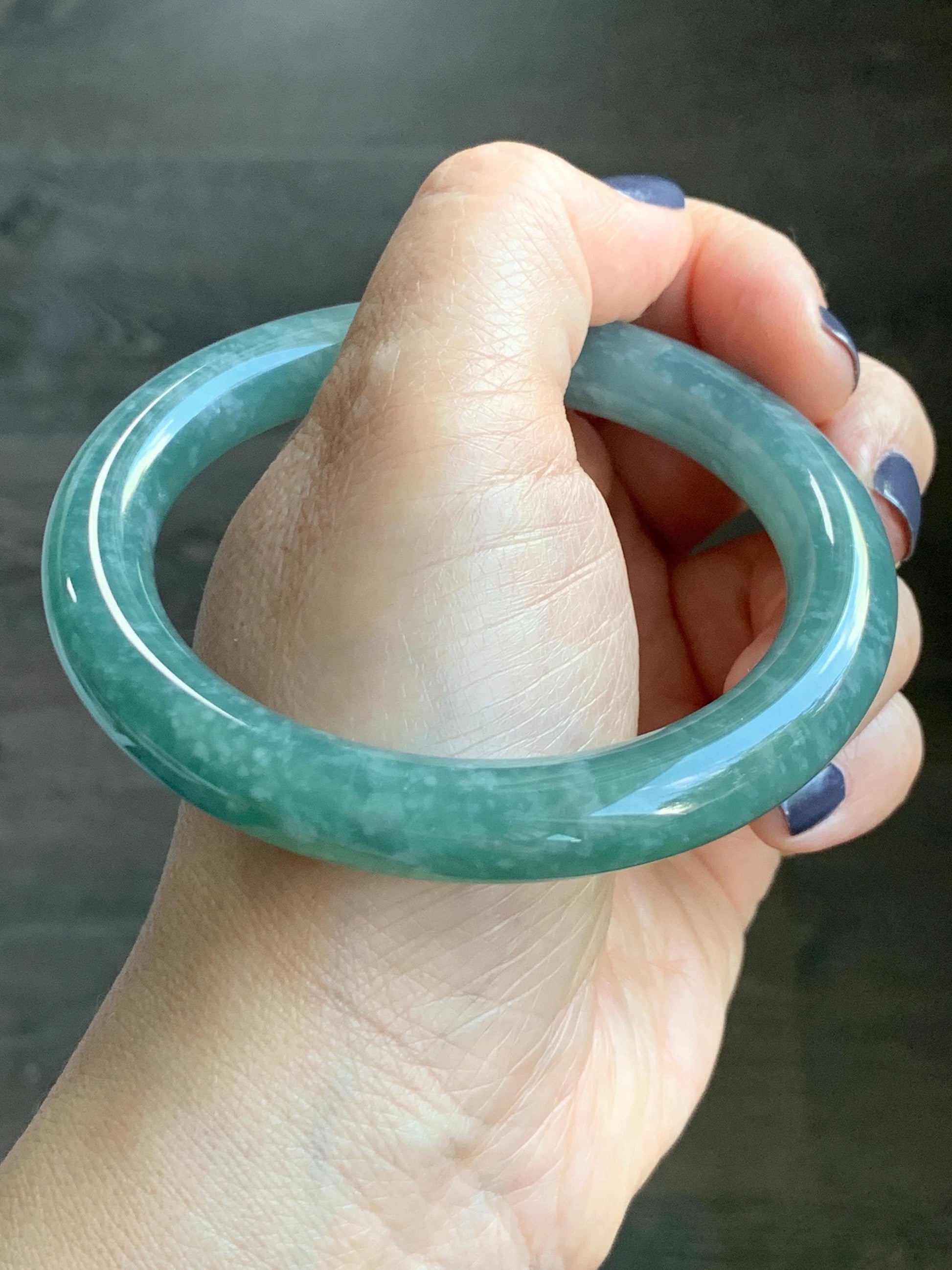 Certified Natural Grade A Guatemalan Icy Translucent Dusty Teal Green Jade Jadeite Wide Bangle Bracelet 59mm 7.29” 天然冰危暗蓝绿翡翠粗圆条手镯 511