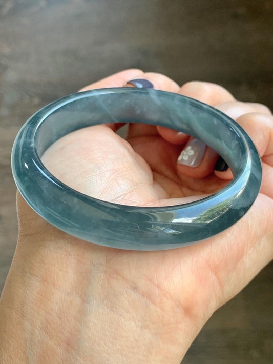 Certified Natural Grade A Guatemalan Icy Highly Translucent Dusty Aegean Blue Jade Jadeite Wide Bangle 58.8mm 7.27” 40.28g 天然冰危蓝翡翠正圈宽版手镯 502