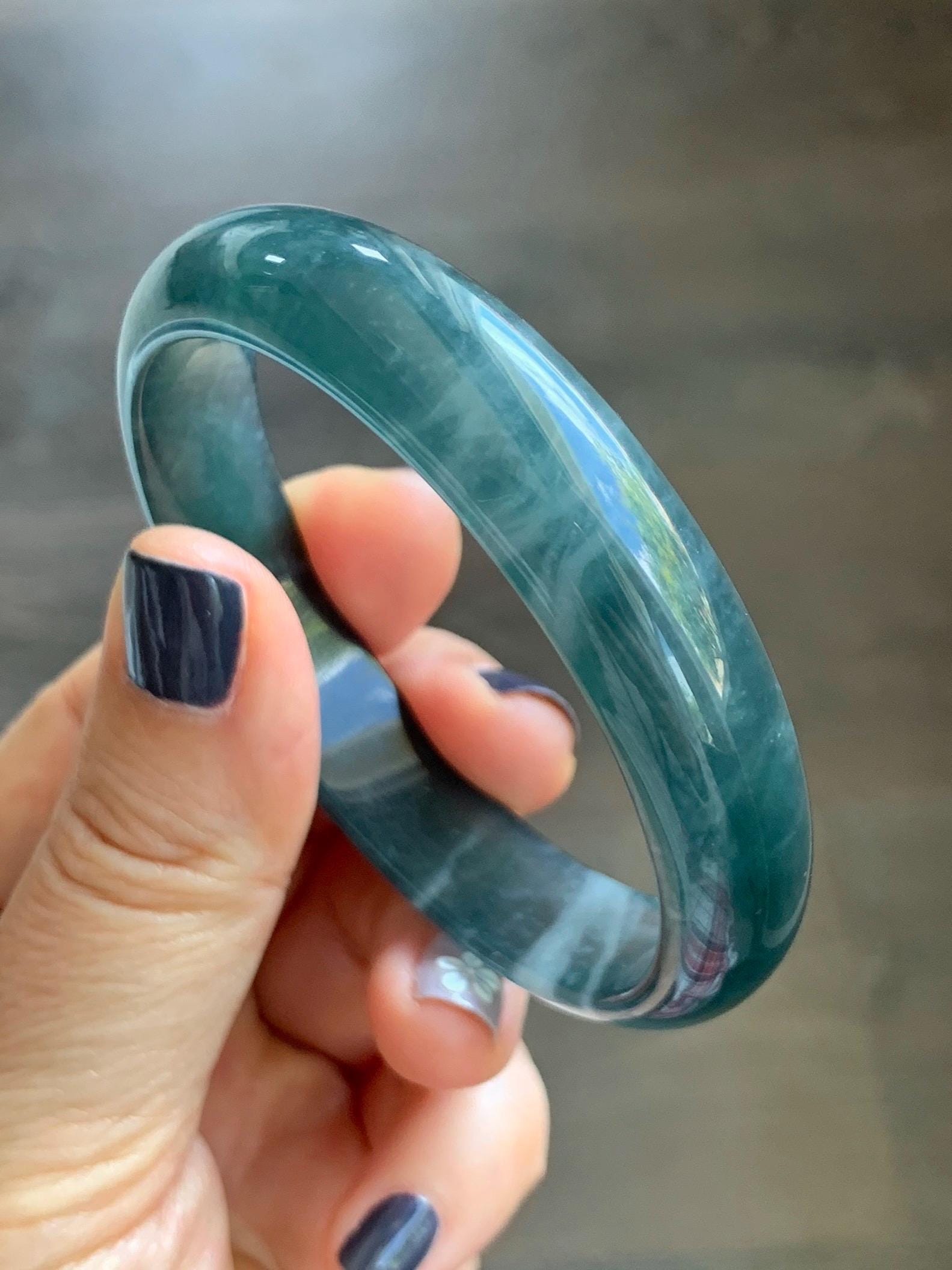 Certified Natural Grade A Guatemalan Icy Translucent Dark Aegean Blue Jade Jadeite Wide Bangle 56mm 6.93” 38g 天然冰危深蓝翡翠正圈宽版手镯 501