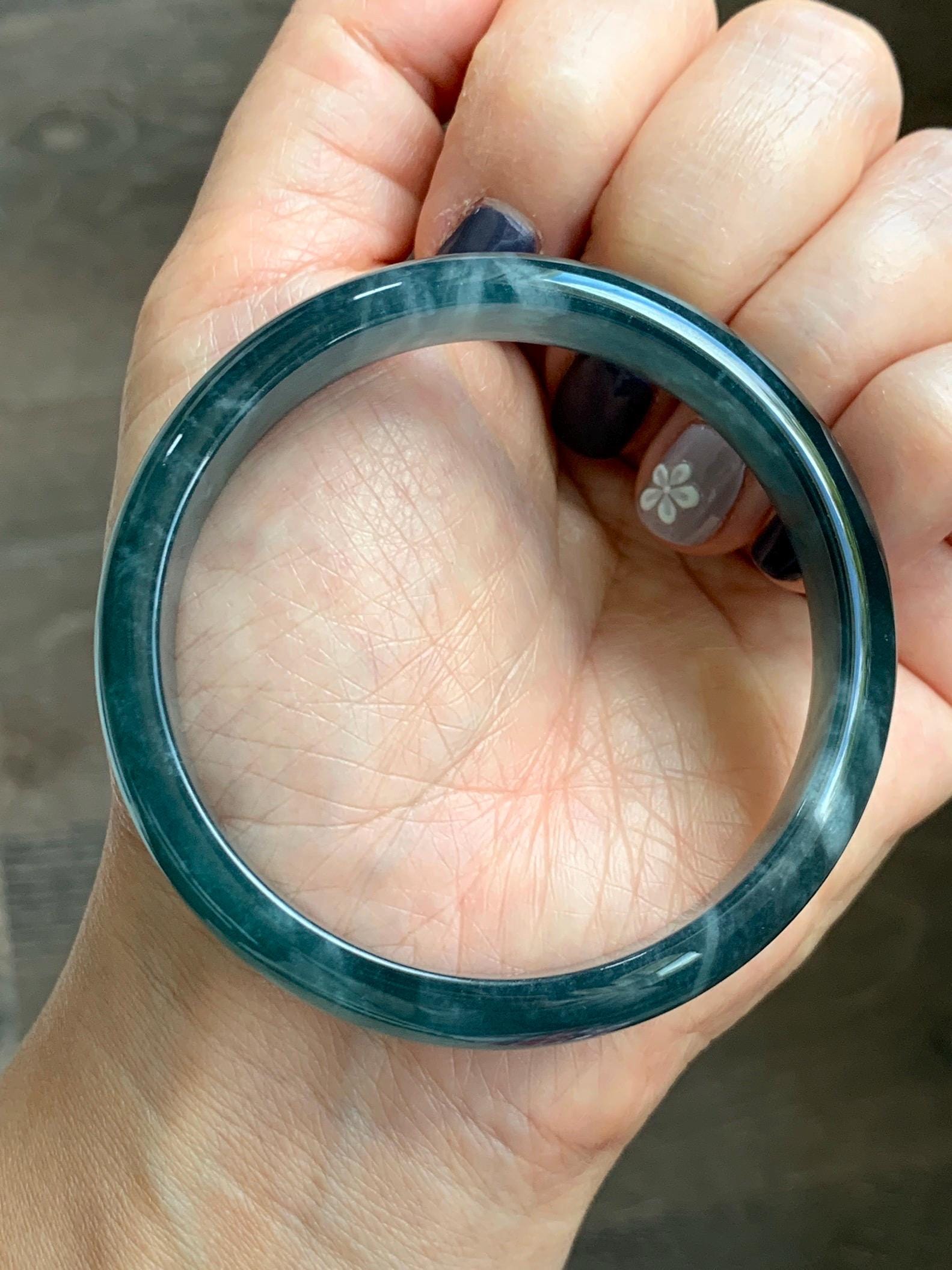 Certified Natural Grade A Guatemalan Icy Translucent Dark Aegean Blue Jade Jadeite Wide Bangle 56mm 6.93” 38g 天然冰危深蓝翡翠正圈宽版手镯 501