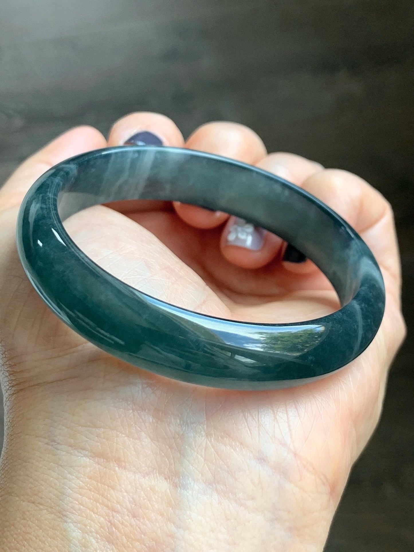 Certified Natural Grade A Guatemalan Icy Translucent Dark Aegean Blue Jade Jadeite Wide Bangle 56mm 6.93” 38g 天然冰危深蓝翡翠正圈宽版手镯 501