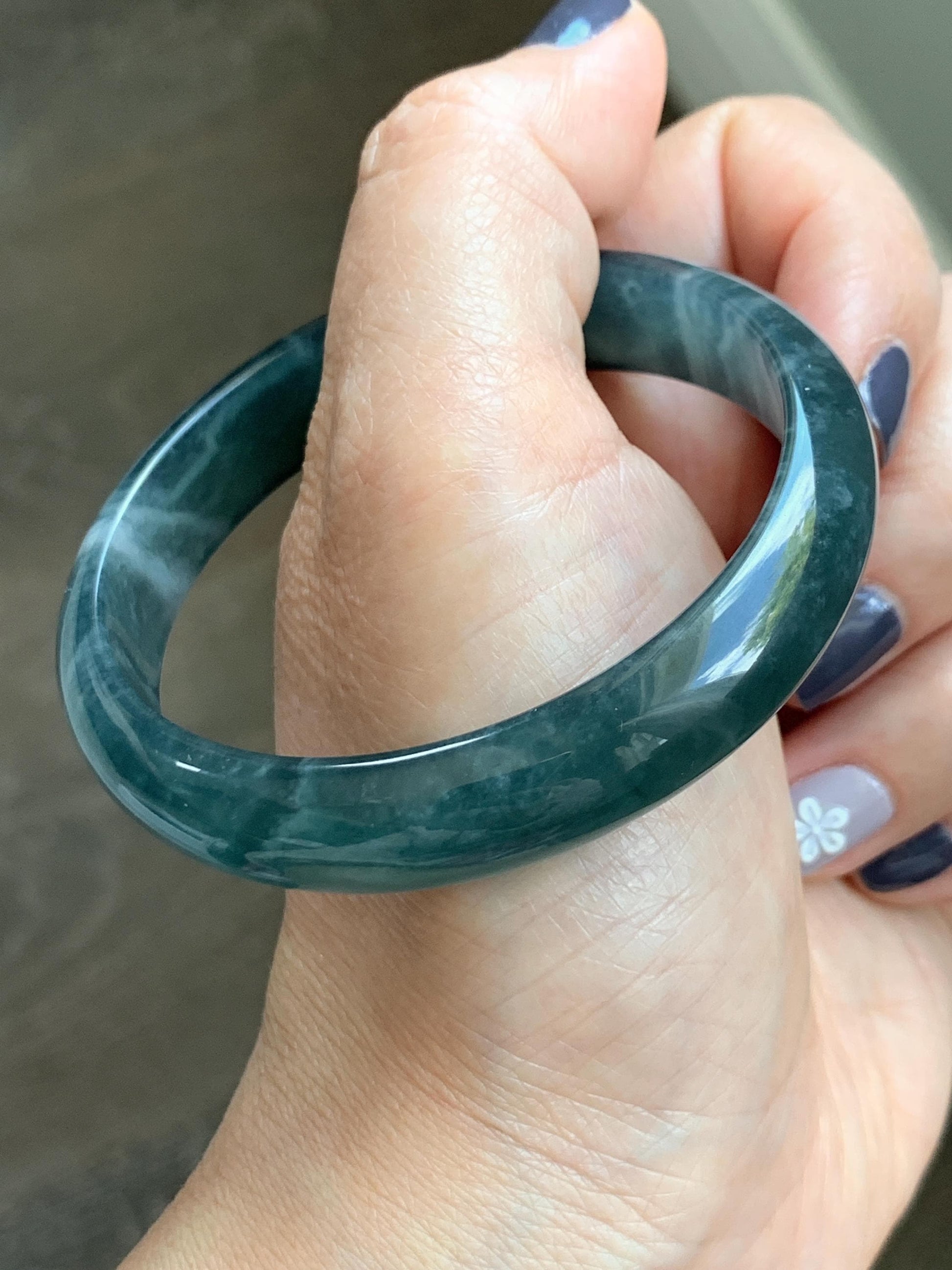 Certified Natural Grade A Guatemalan Icy Translucent Dark Aegean Blue Jade Jadeite Wide Bangle 56mm 6.93” 38g 天然冰危深蓝翡翠正圈宽版手镯 501